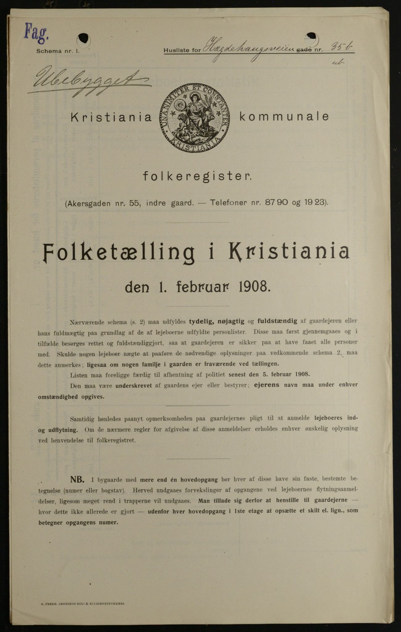 OBA, Kommunal folketelling 1.2.1908 for Kristiania kjøpstad, 1908, s. 32896