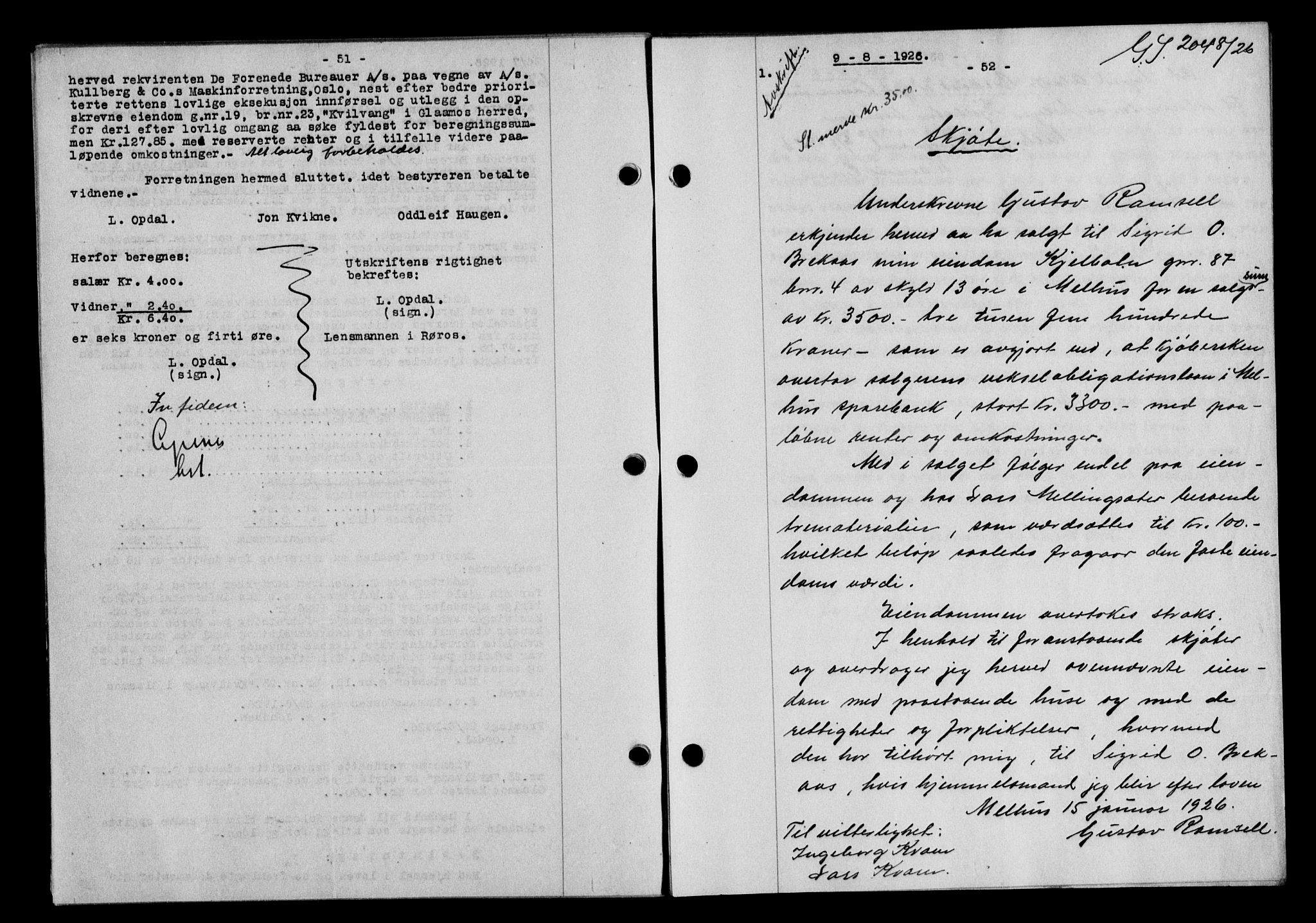 Gauldal sorenskriveri, SAT/A-0014/1/2/2C/L0035: Pantebok nr. 36, 1926-1927, s. 51-52, Tingl.dato: 09.08.1926