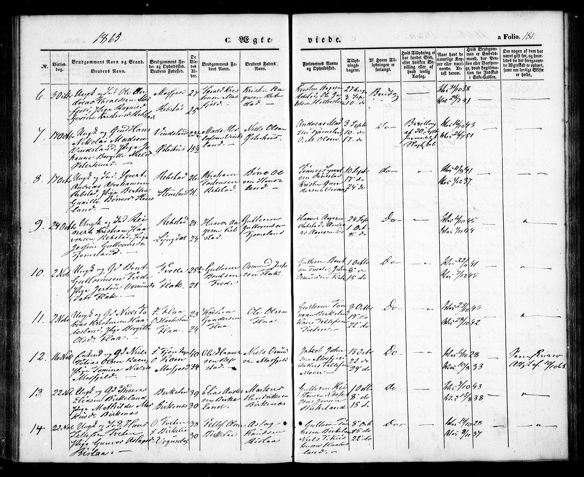 Birkenes sokneprestkontor, SAK/1111-0004/F/Fa/L0003: Ministerialbok nr. A 3, 1850-1866, s. 181