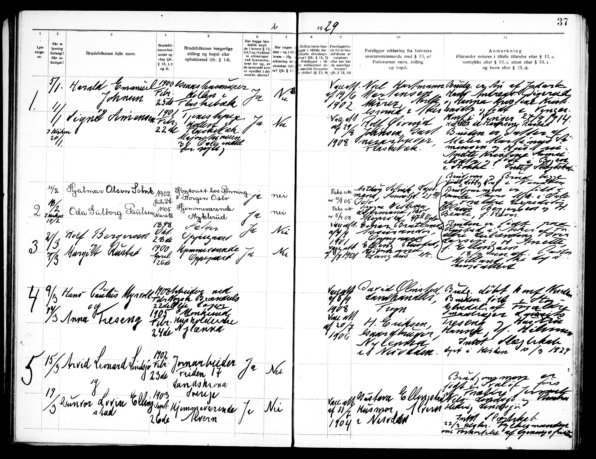 Nesodden prestekontor Kirkebøker, SAO/A-10013/H/Ha/L0001: Lysningsprotokoll nr. 1, 1919-1947, s. 37