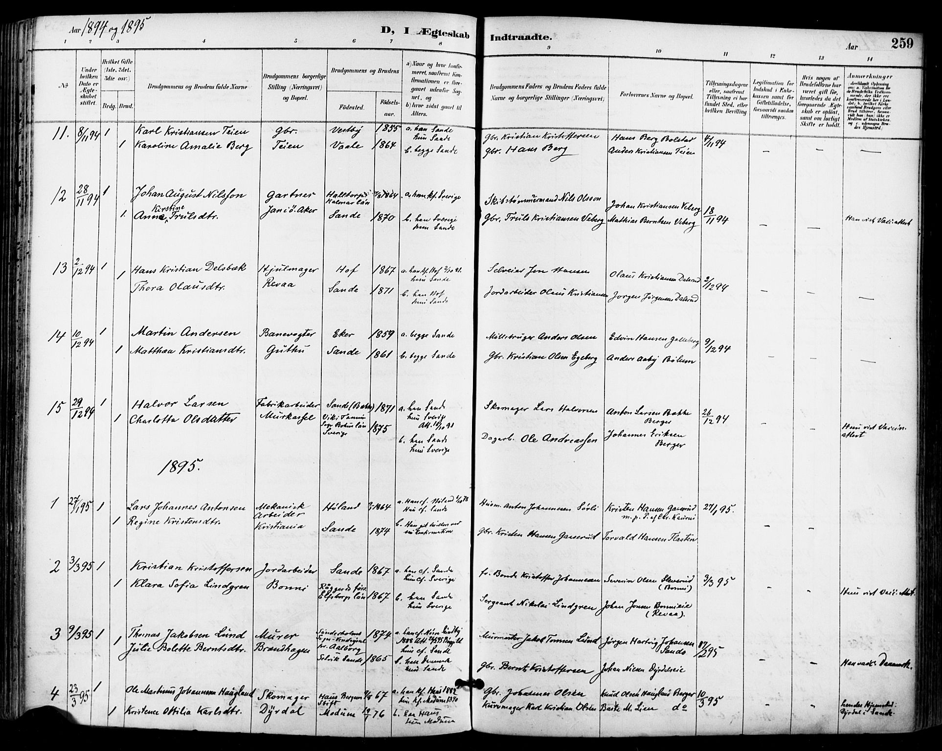 Sande Kirkebøker, AV/SAKO-A-53/F/Fa/L0007: Ministerialbok nr. 7, 1888-1903, s. 259