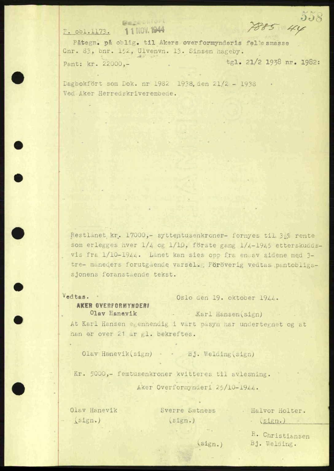 Aker herredsskriveri, SAO/A-10896/G/Gb/Gba/Gbac/L0035: Pantebok nr. B200-201, 1944-1944, Dagboknr: 7885/1944