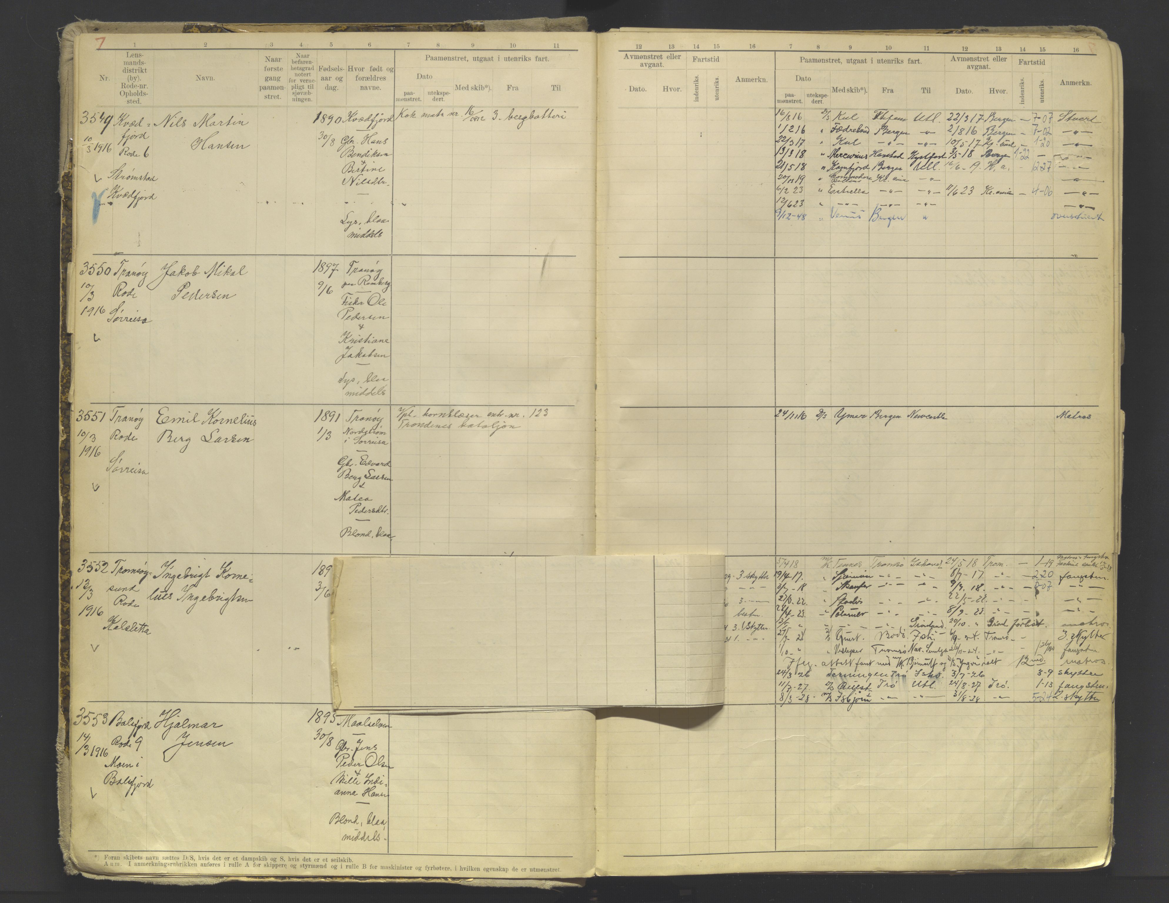 Tromsø sjømannskontor/innrullerings-/mønstringsdistrikt, AV/SATØ-S-0243/F/Fb/L0010: Annotasjonsrulle. Defekt: løs innbinding. Nr. 3519-4972, 1916-1920