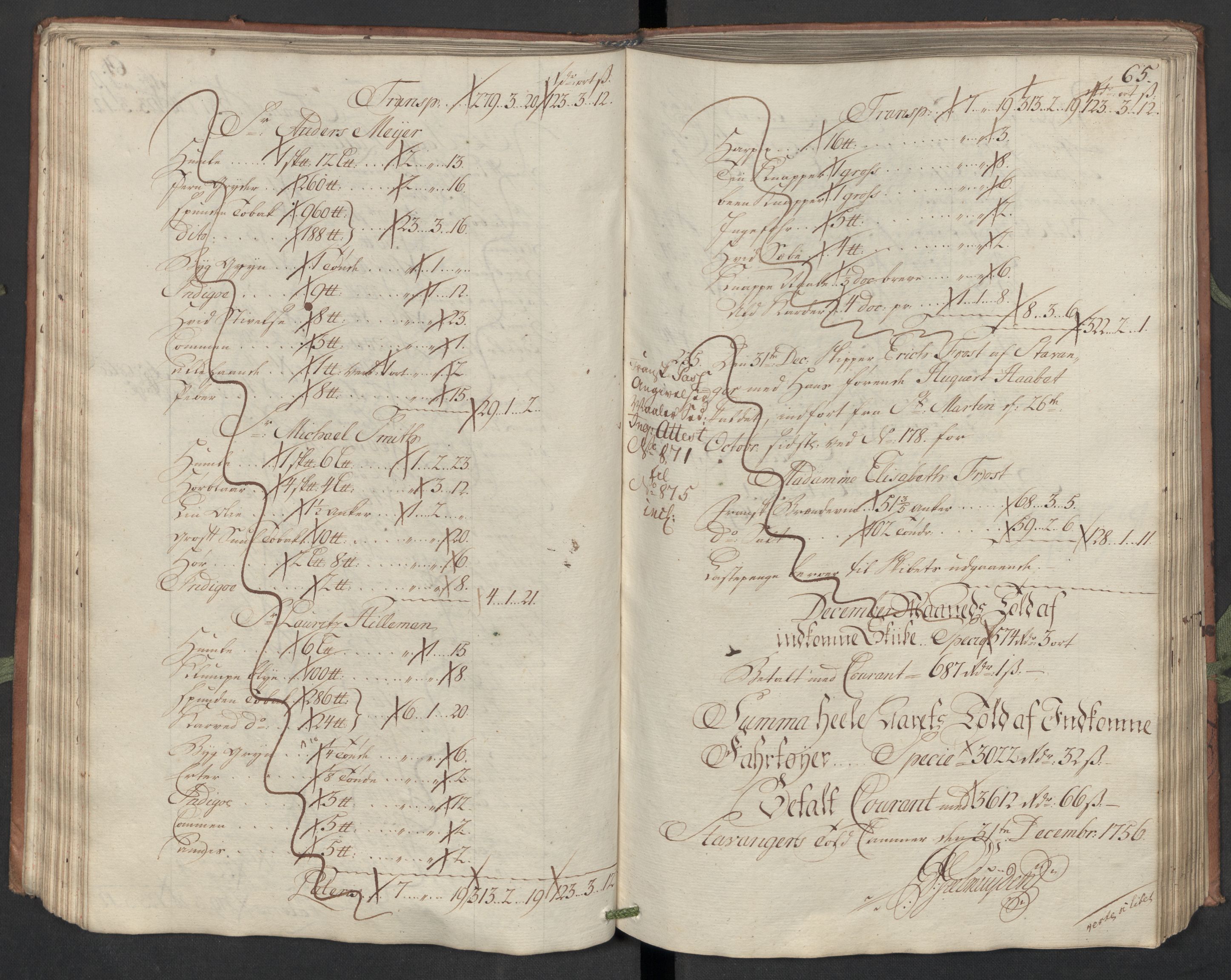 Generaltollkammeret, tollregnskaper, AV/RA-EA-5490/R22/L0018/0001: Tollregnskaper Stavanger / Hovedtollbok, 1756, s. 64b-65a