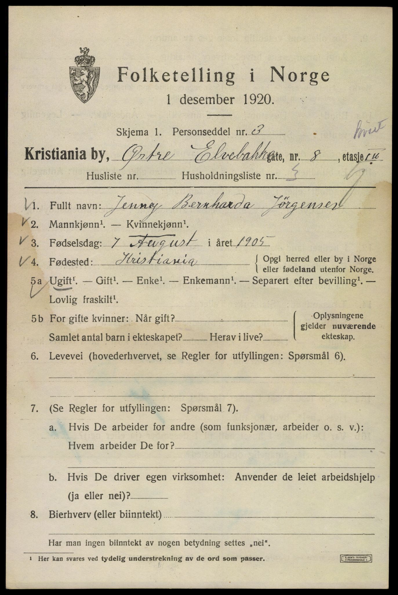 SAO, Folketelling 1920 for 0301 Kristiania kjøpstad, 1920, s. 657911