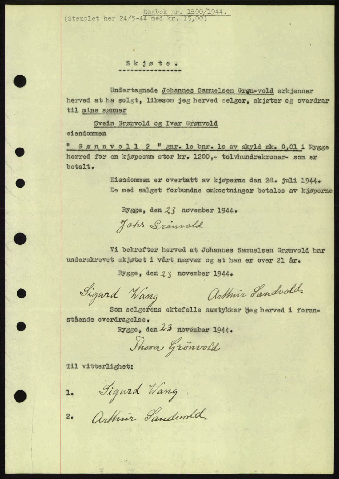 Moss sorenskriveri, SAO/A-10168: Pantebok nr. A13, 1944-1945, Dagboknr: 1800/1944