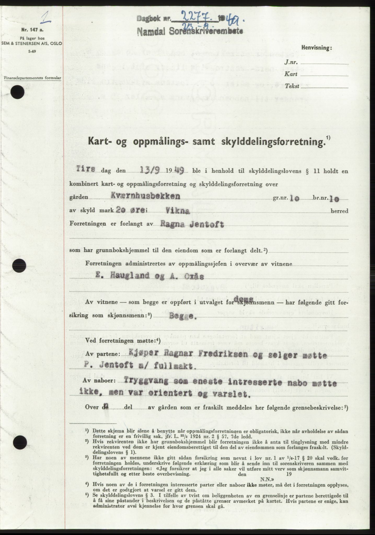 Namdal sorenskriveri, SAT/A-4133/1/2/2C: Pantebok nr. -, 1949-1949, Dagboknr: 2277/1949