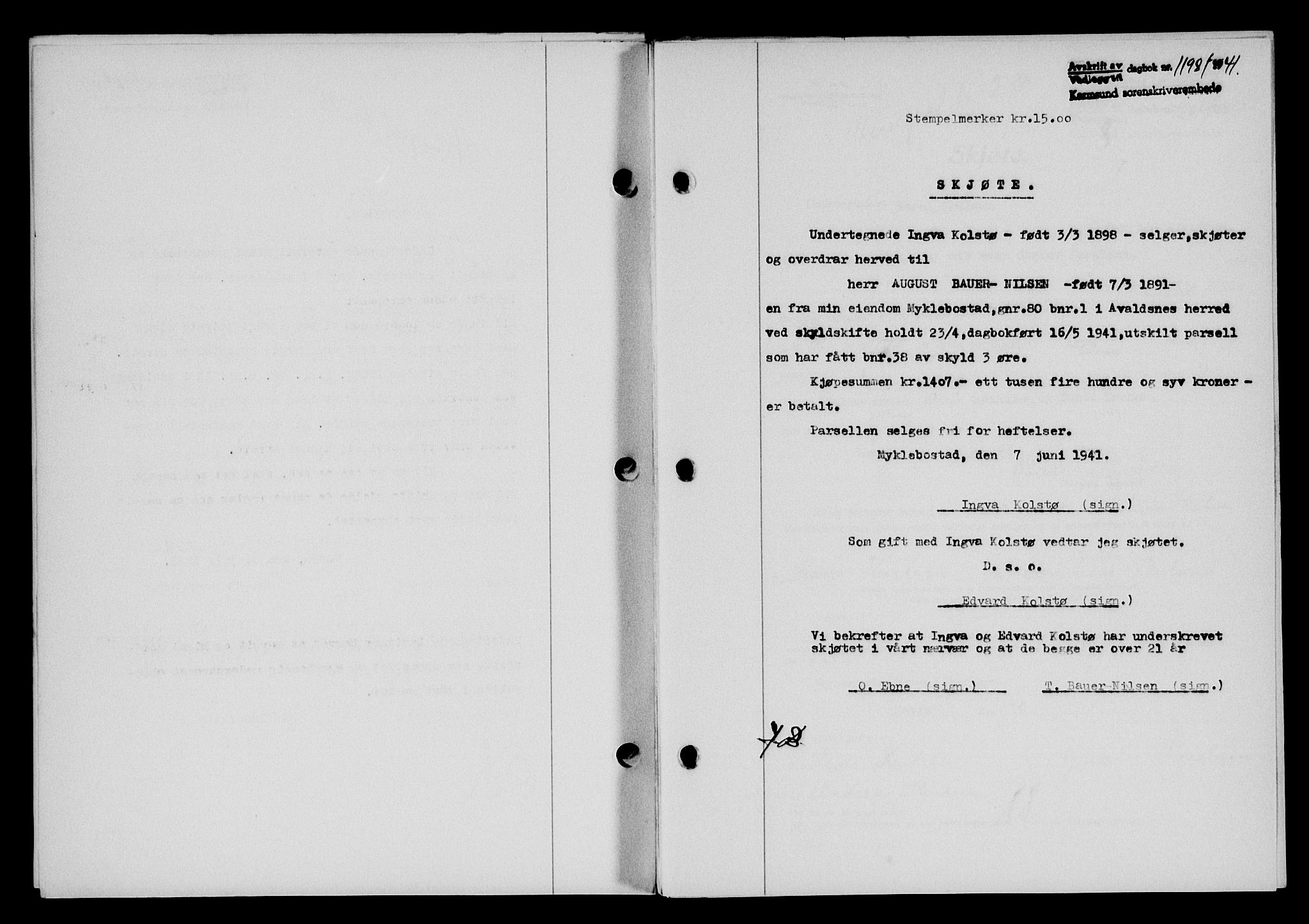 Karmsund sorenskriveri, SAST/A-100311/01/II/IIB/L0075: Pantebok nr. 56A, 1941-1941, Dagboknr: 1198/1941