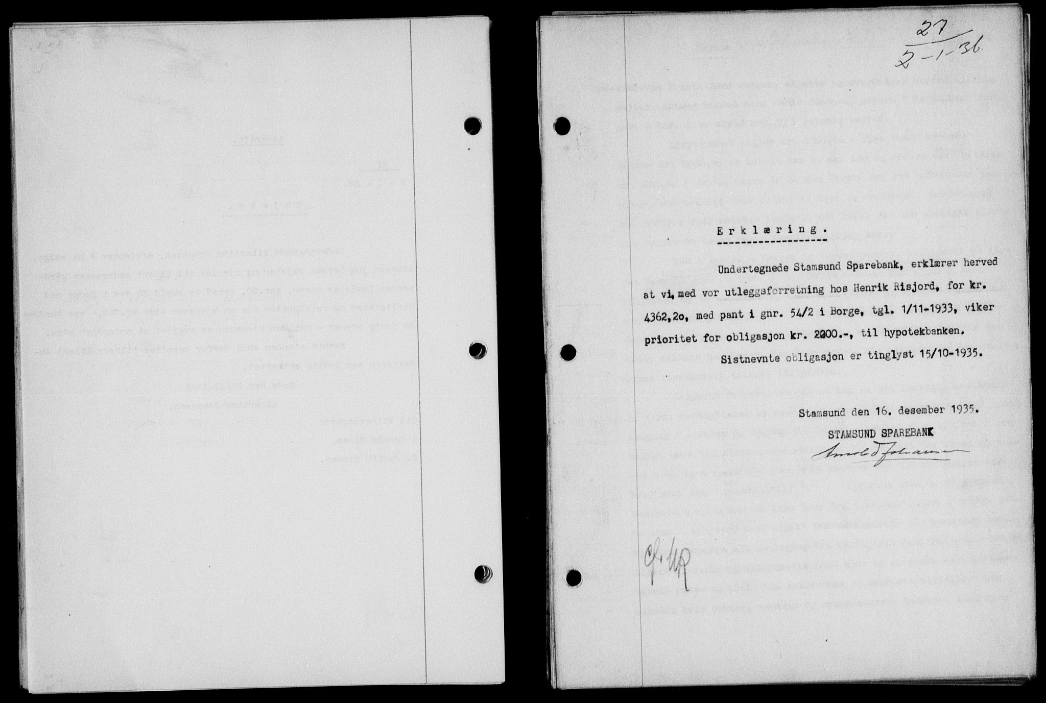 Lofoten sorenskriveri, SAT/A-0017/1/2/2C/L0033b: Pantebok nr. 33b, 1936-1936, Dagboknr: 27/1936