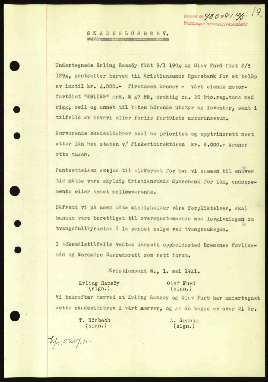 Nordmøre sorenskriveri, SAT/A-4132/1/2/2Ca: Pantebok nr. B88, 1941-1942, Dagboknr: 780/1941