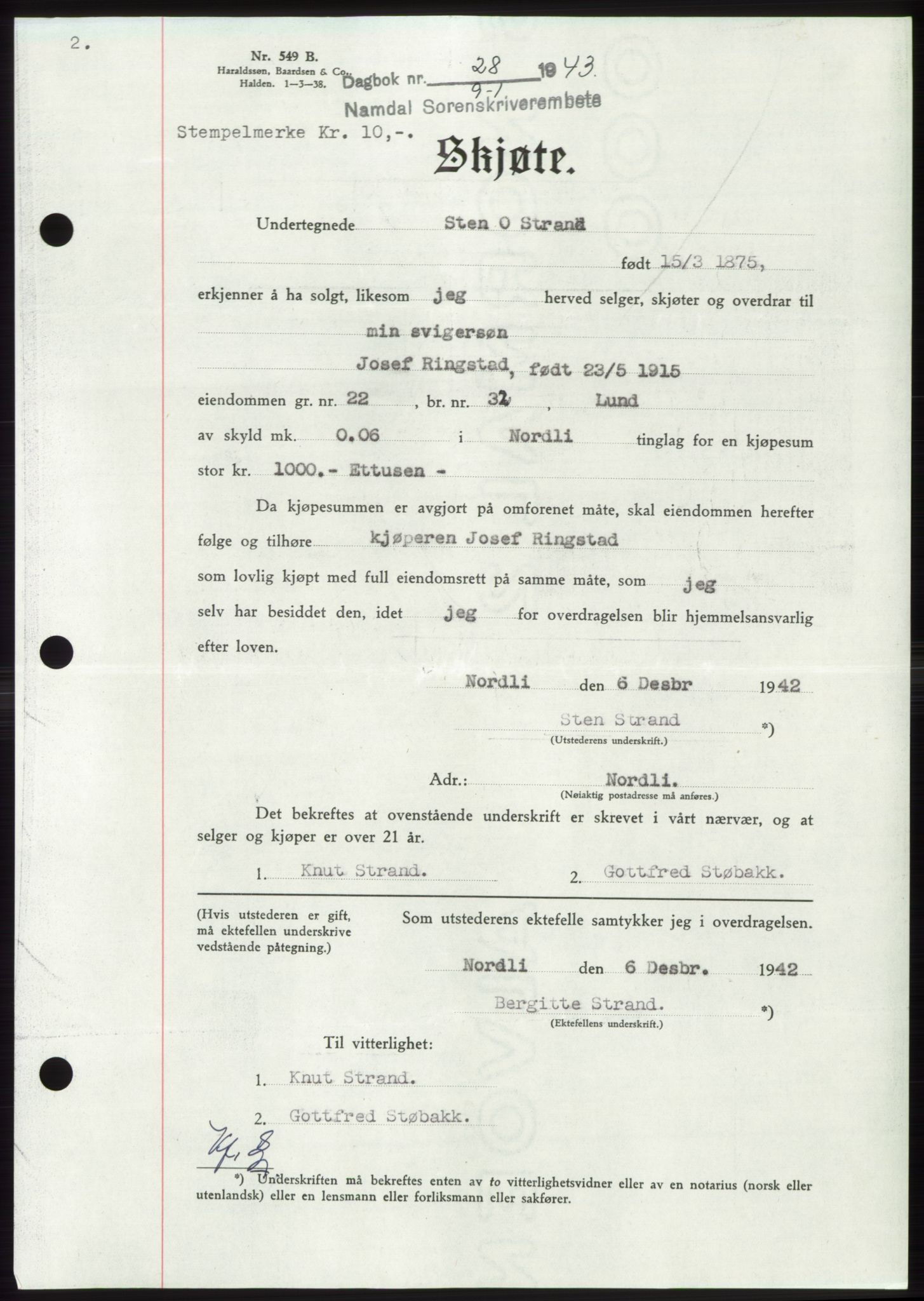 Namdal sorenskriveri, SAT/A-4133/1/2/2C: Pantebok nr. -, 1942-1943, Dagboknr: 28/1943