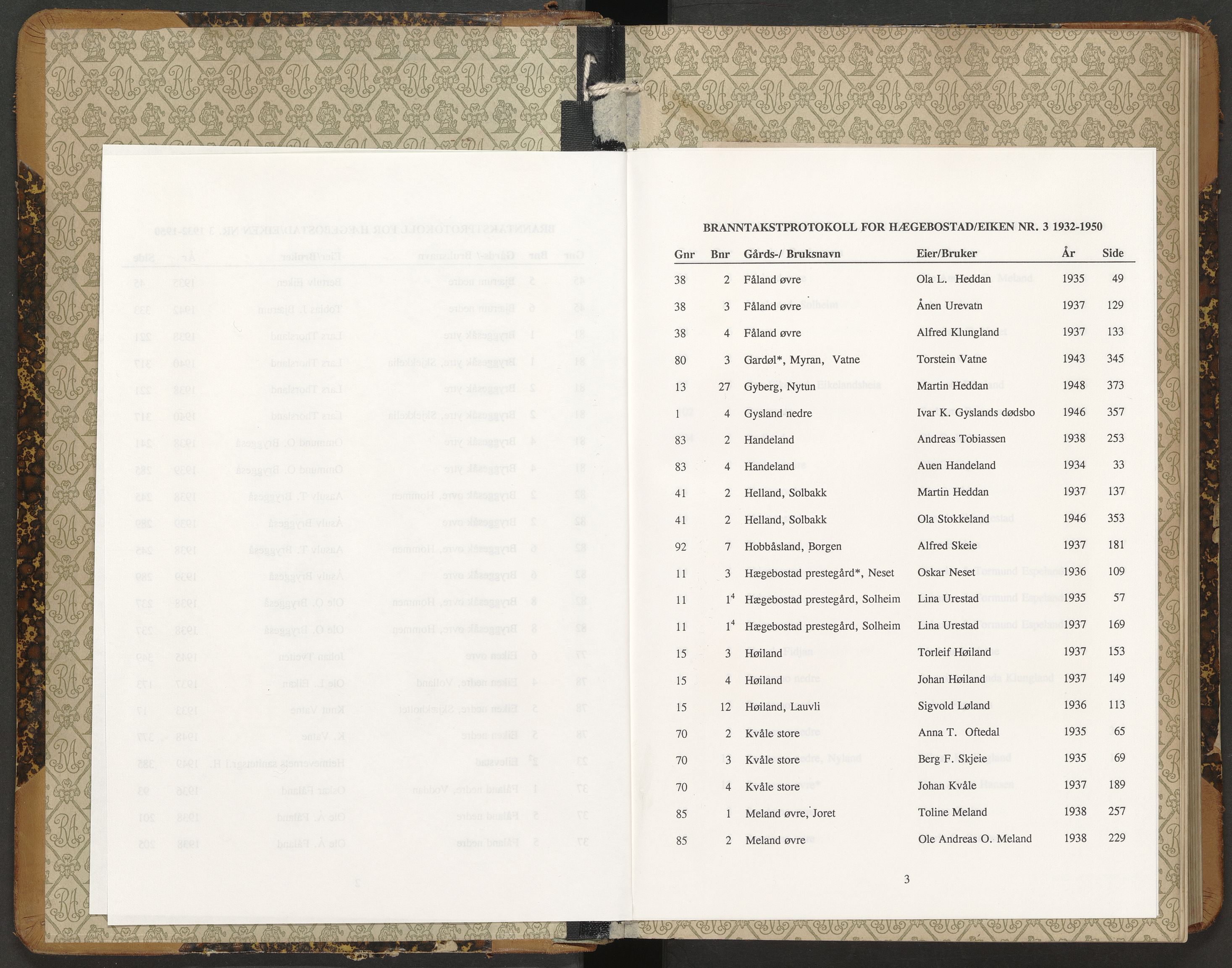 Norges Brannkasse Hægebostad og Eiken, AV/SAK-2241-0027/F/Fa/L0003: Branntakstprotokoll nr. 3 med gårdsnavnregister, 1932-1950