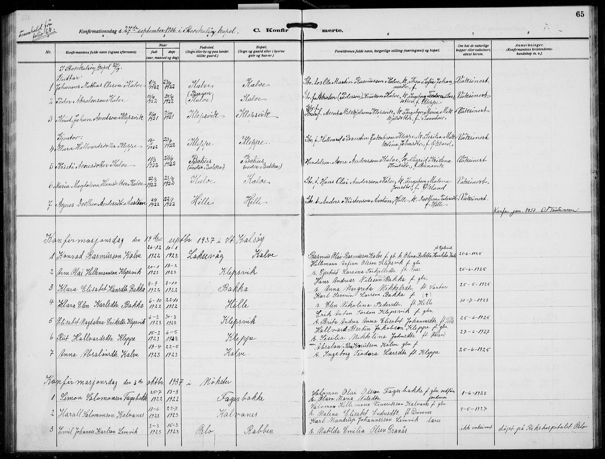 Austevoll sokneprestembete, AV/SAB-A-74201/H/Ha/Hab/Habb/L0007: Klokkerbok nr. B 7, 1926-1939, s. 65