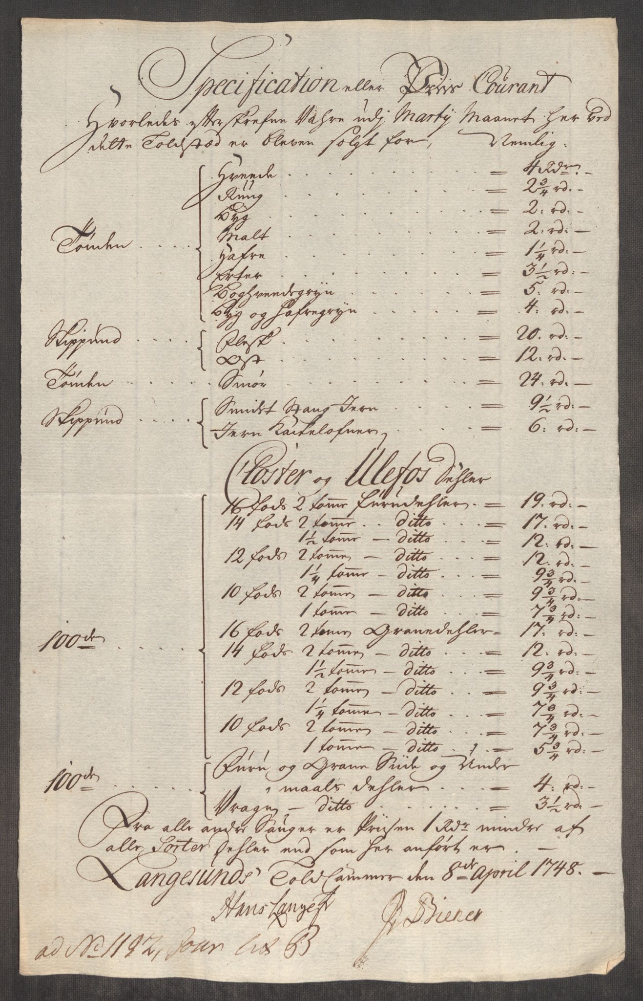 Rentekammeret inntil 1814, Realistisk ordnet avdeling, AV/RA-EA-4070/Oe/L0003: [Ø1]: Priskuranter, 1745-1748, s. 790