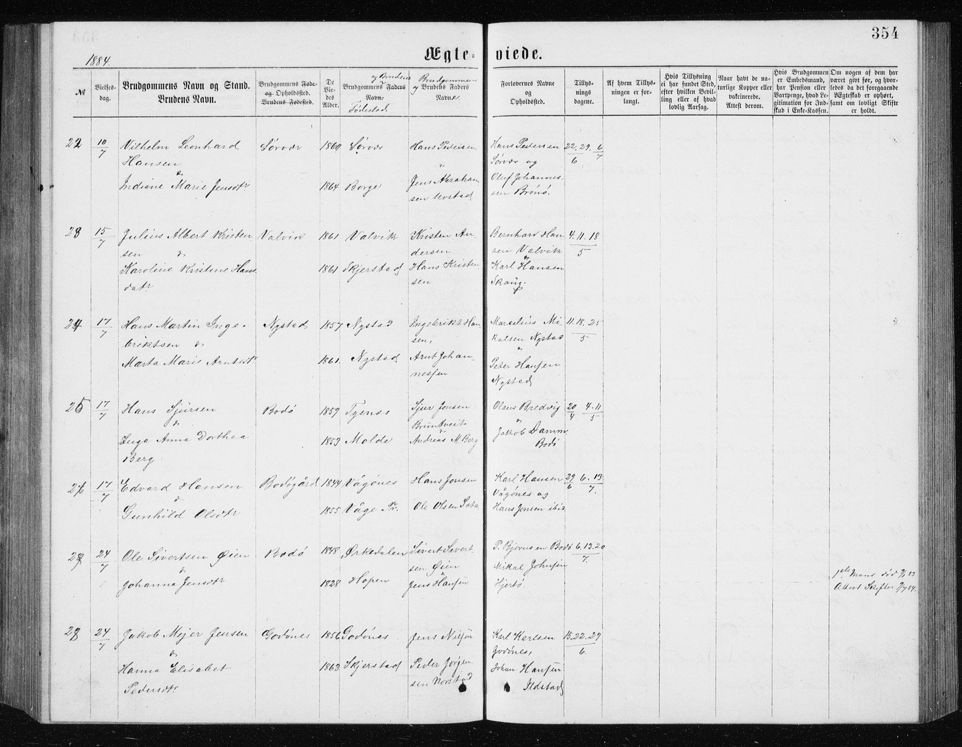 Ministerialprotokoller, klokkerbøker og fødselsregistre - Nordland, SAT/A-1459/801/L0031: Klokkerbok nr. 801C06, 1883-1887, s. 354