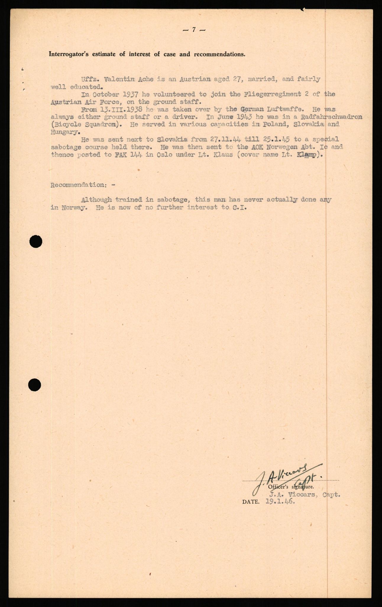 Forsvaret, Forsvarets overkommando II, AV/RA-RAFA-3915/D/Db/L0038: CI Questionaires. Tyske okkupasjonsstyrker i Norge. Østerrikere., 1945-1946, s. 8