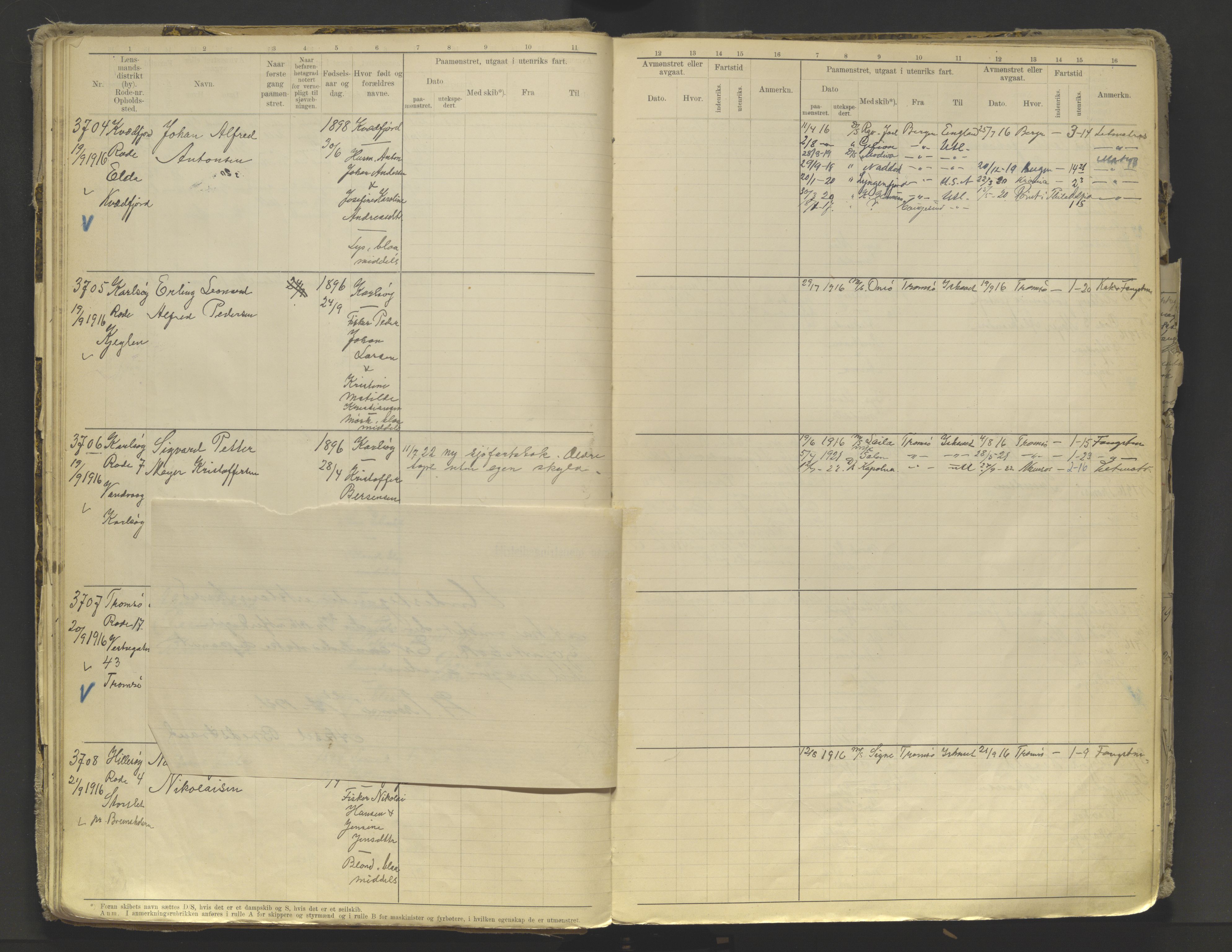 Tromsø sjømannskontor/innrullerings-/mønstringsdistrikt, AV/SATØ-S-0243/F/Fb/L0010: Annotasjonsrulle. Defekt: løs innbinding. Nr. 3519-4972, 1916-1920