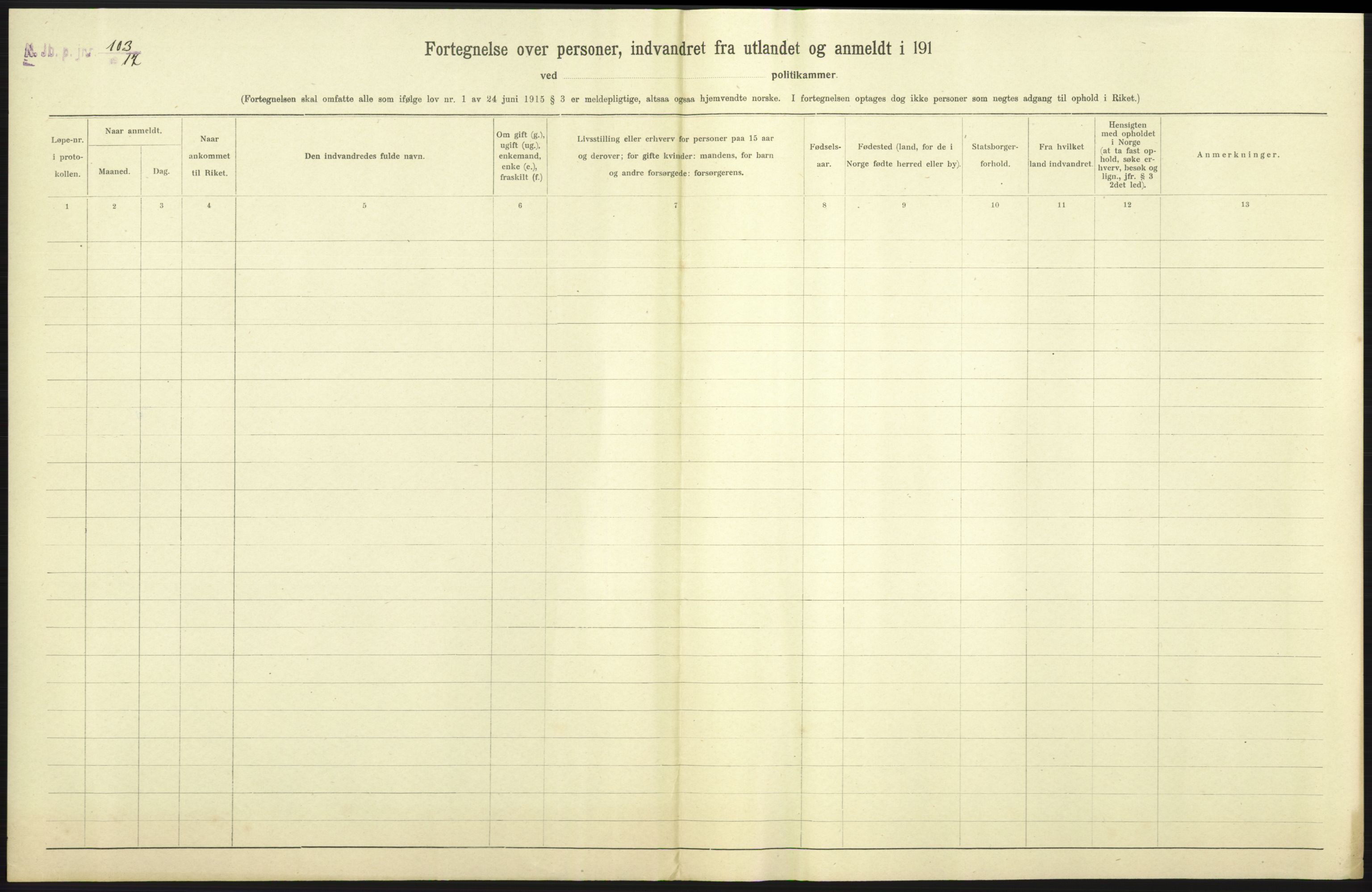 Nord-Jarlsberg politikammer, SAKO/A-739/I/Ia/Iab/L0001: Emigrantprotokoll, 1912-1918, s. 161