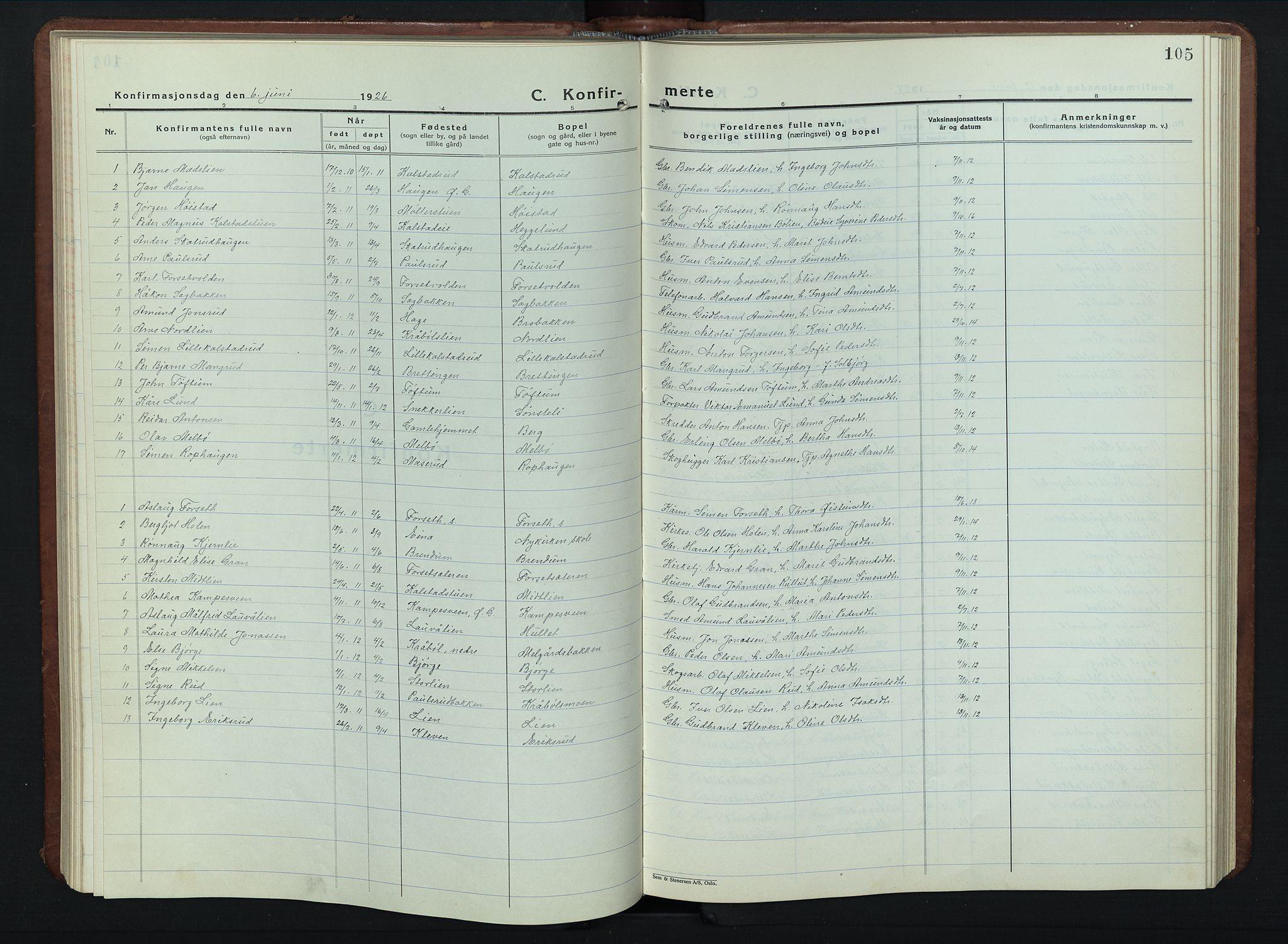 Vestre Gausdal prestekontor, AV/SAH-PREST-094/H/Ha/Hab/L0005: Klokkerbok nr. 5, 1926-1955, s. 105