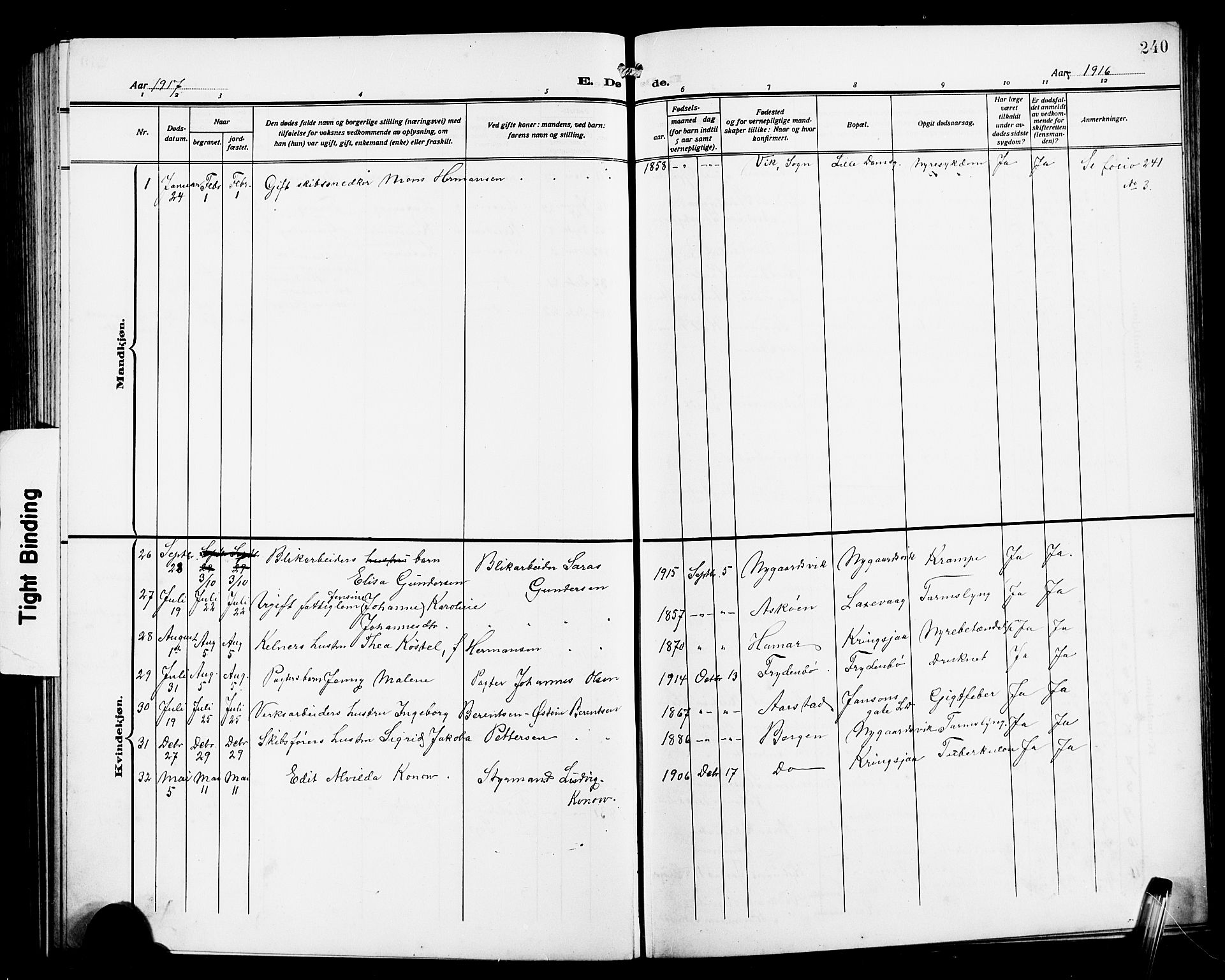 Laksevåg Sokneprestembete, AV/SAB-A-76501/H/Ha/Hab/Haba/L0005: Klokkerbok nr. A 5, 1910-1917, s. 240