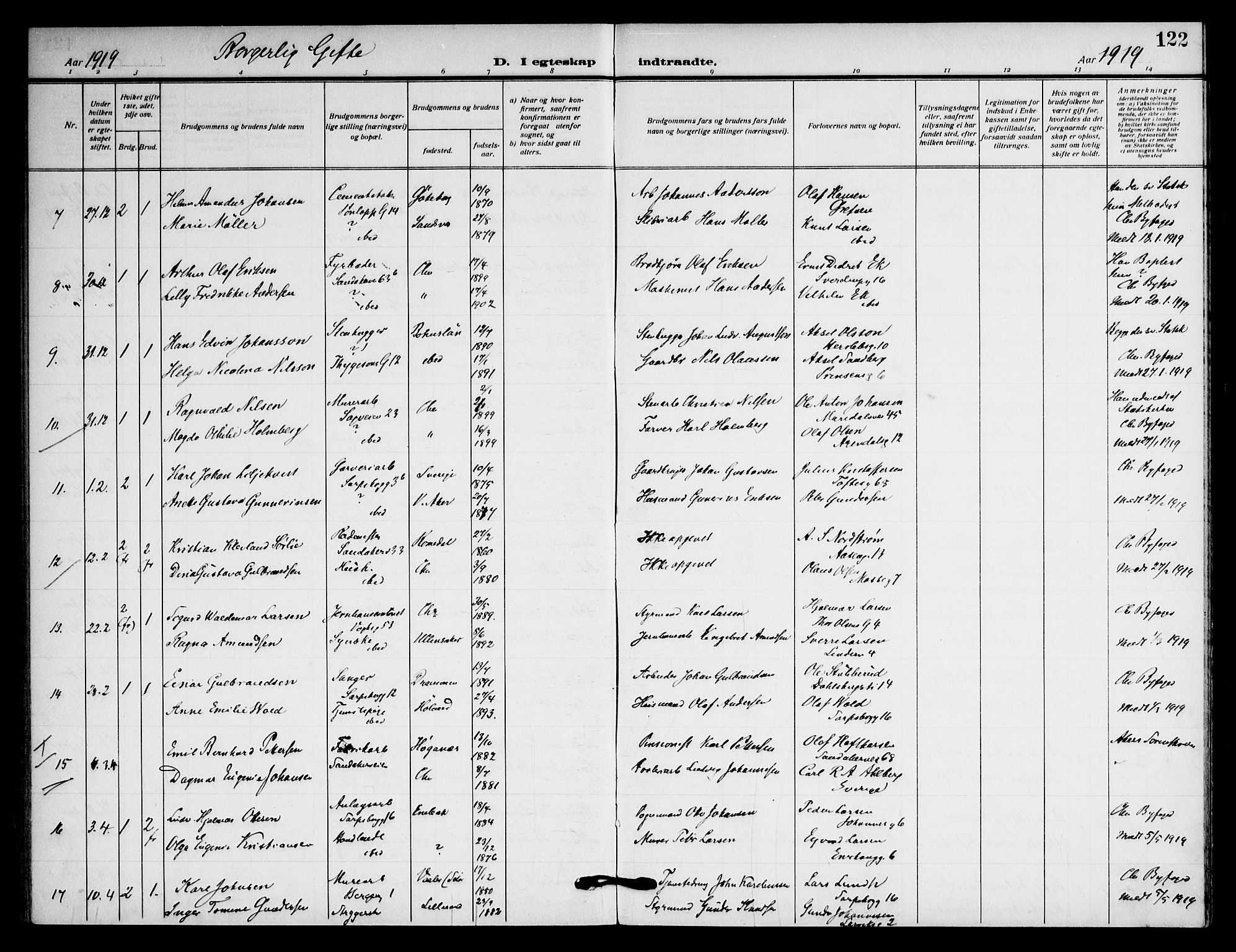Sagene prestekontor Kirkebøker, AV/SAO-A-10796/F/L0009: Ministerialbok nr. 9, 1911-1920, s. 122