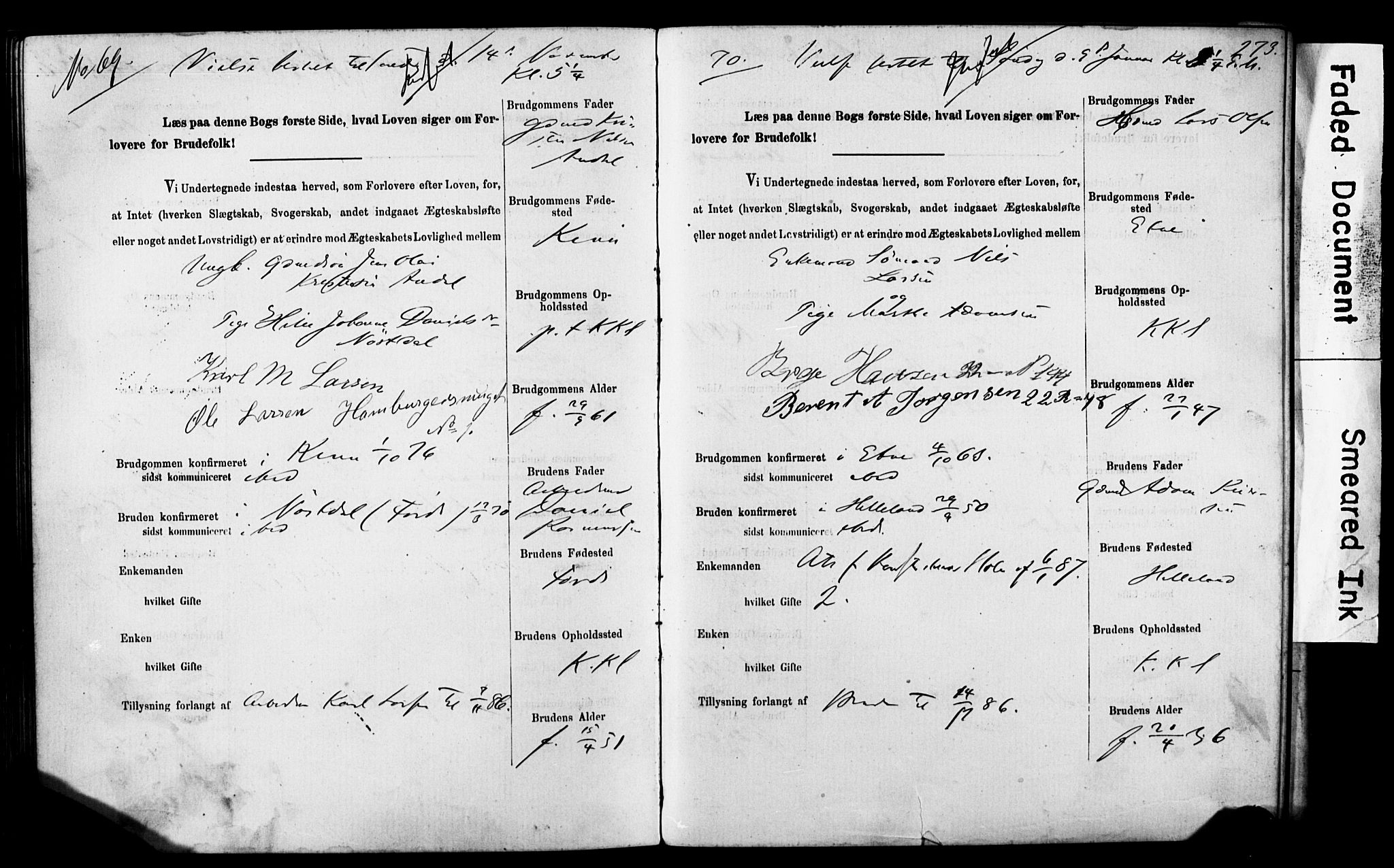 Korskirken sokneprestembete, AV/SAB-A-76101: Forlovererklæringer nr. II.5.5, 1878-1889, s. 273