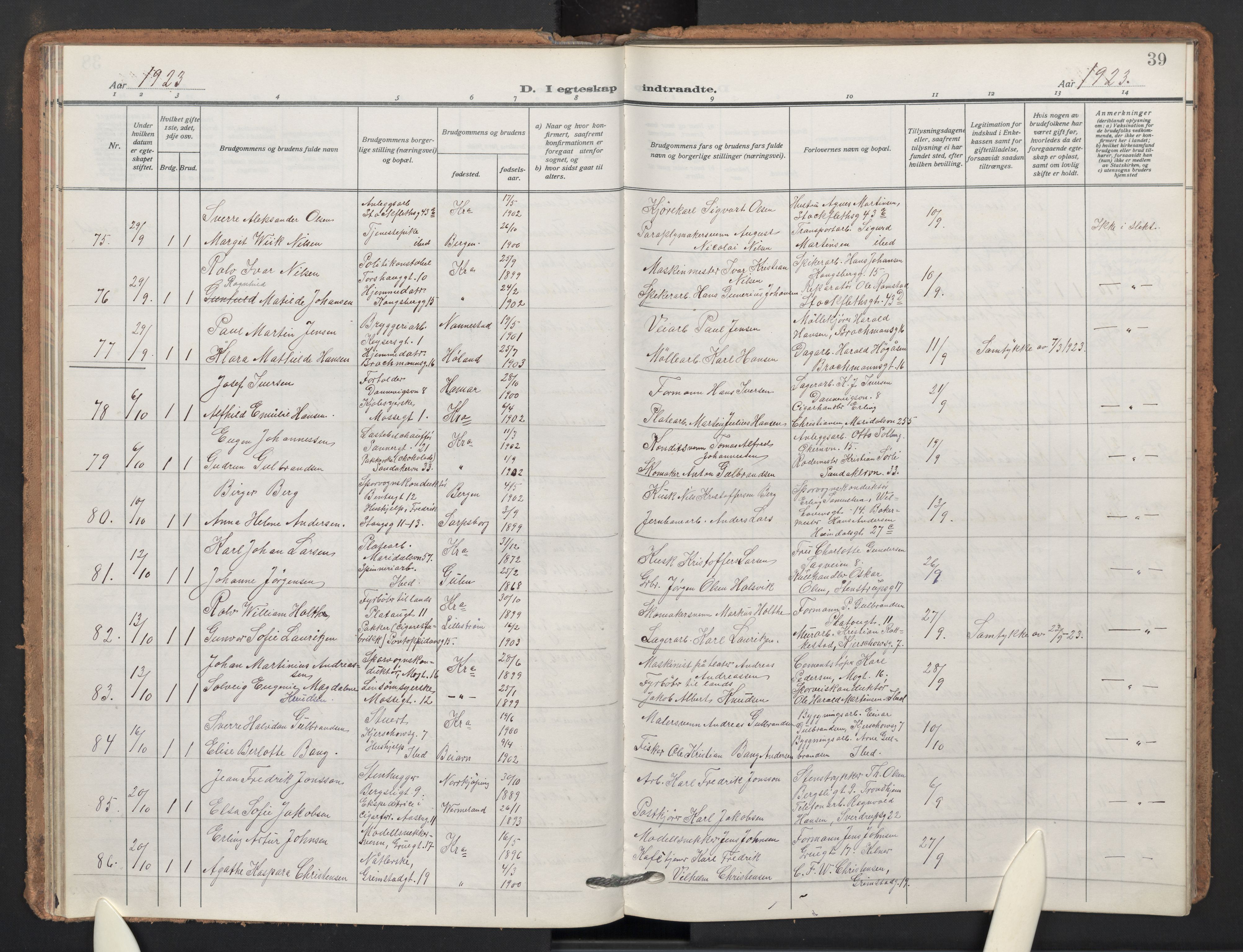 Sagene prestekontor Kirkebøker, AV/SAO-A-10796/F/L0013: Ministerialbok nr. 13, 1920-1929, s. 39