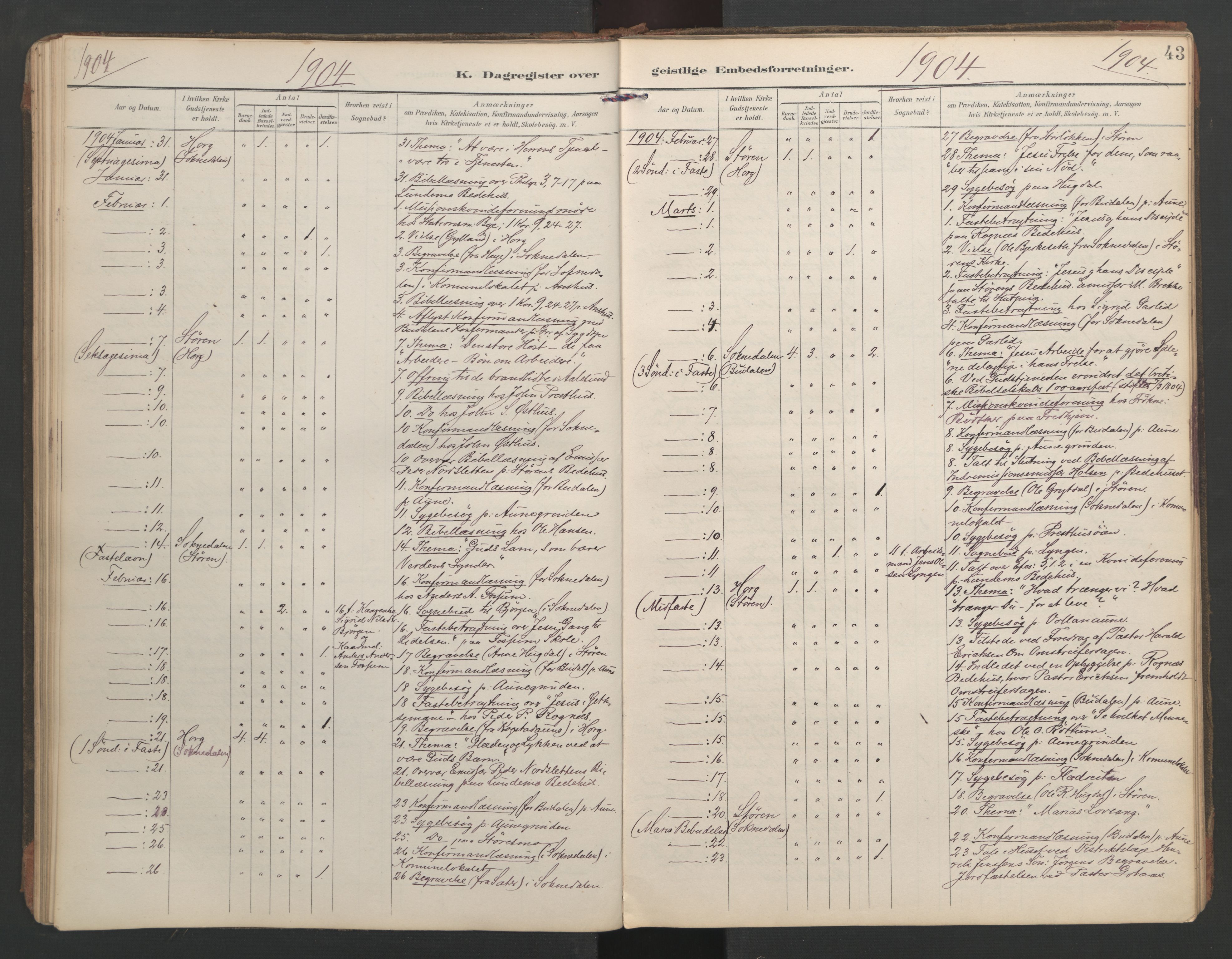 Ministerialprotokoller, klokkerbøker og fødselsregistre - Sør-Trøndelag, AV/SAT-A-1456/687/L1005: Dagsregister nr. 687A11, 1891-1912, s. 43