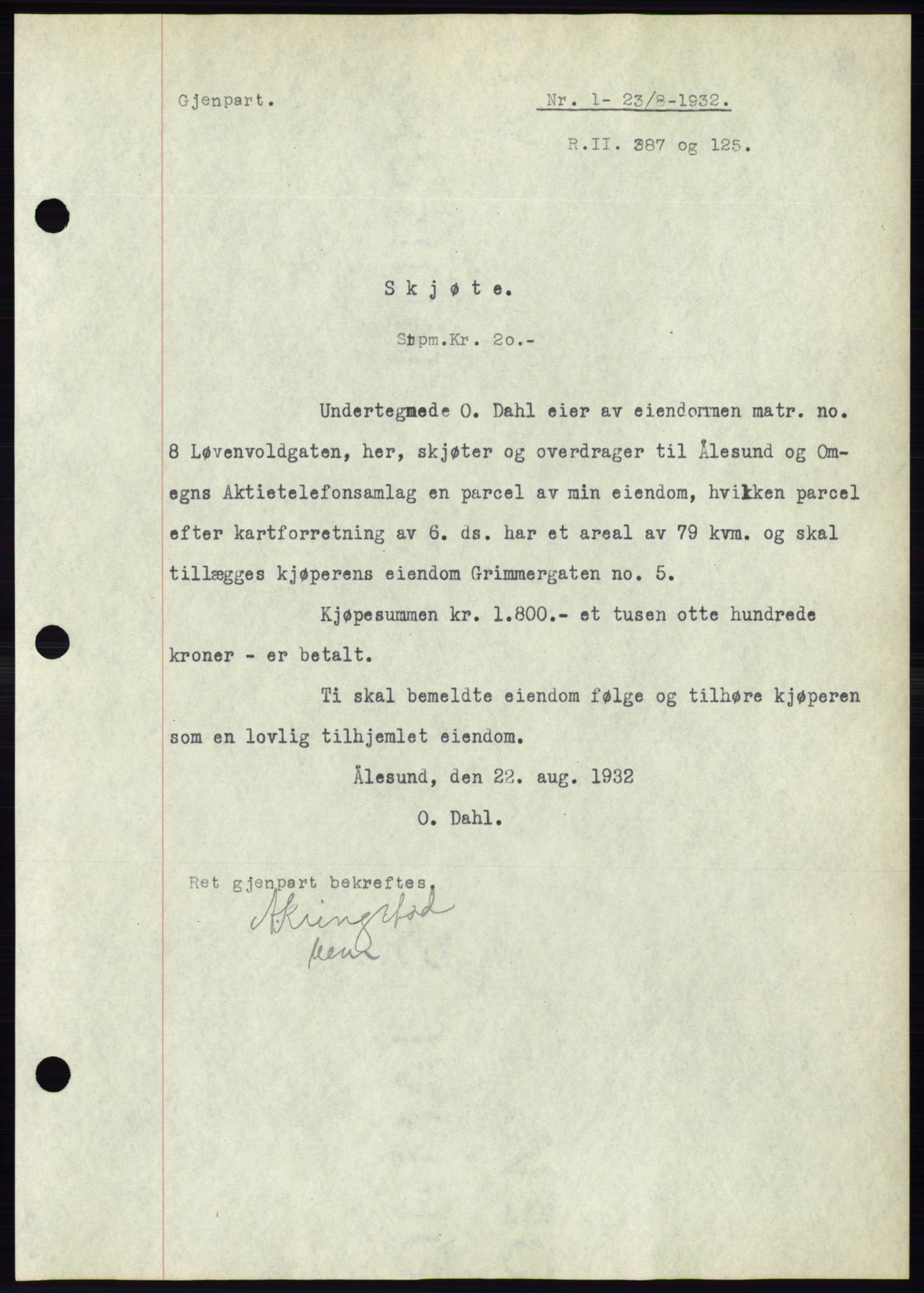 Ålesund byfogd, AV/SAT-A-4384: Pantebok nr. 30, 1932-1933, Tingl.dato: 23.08.1932