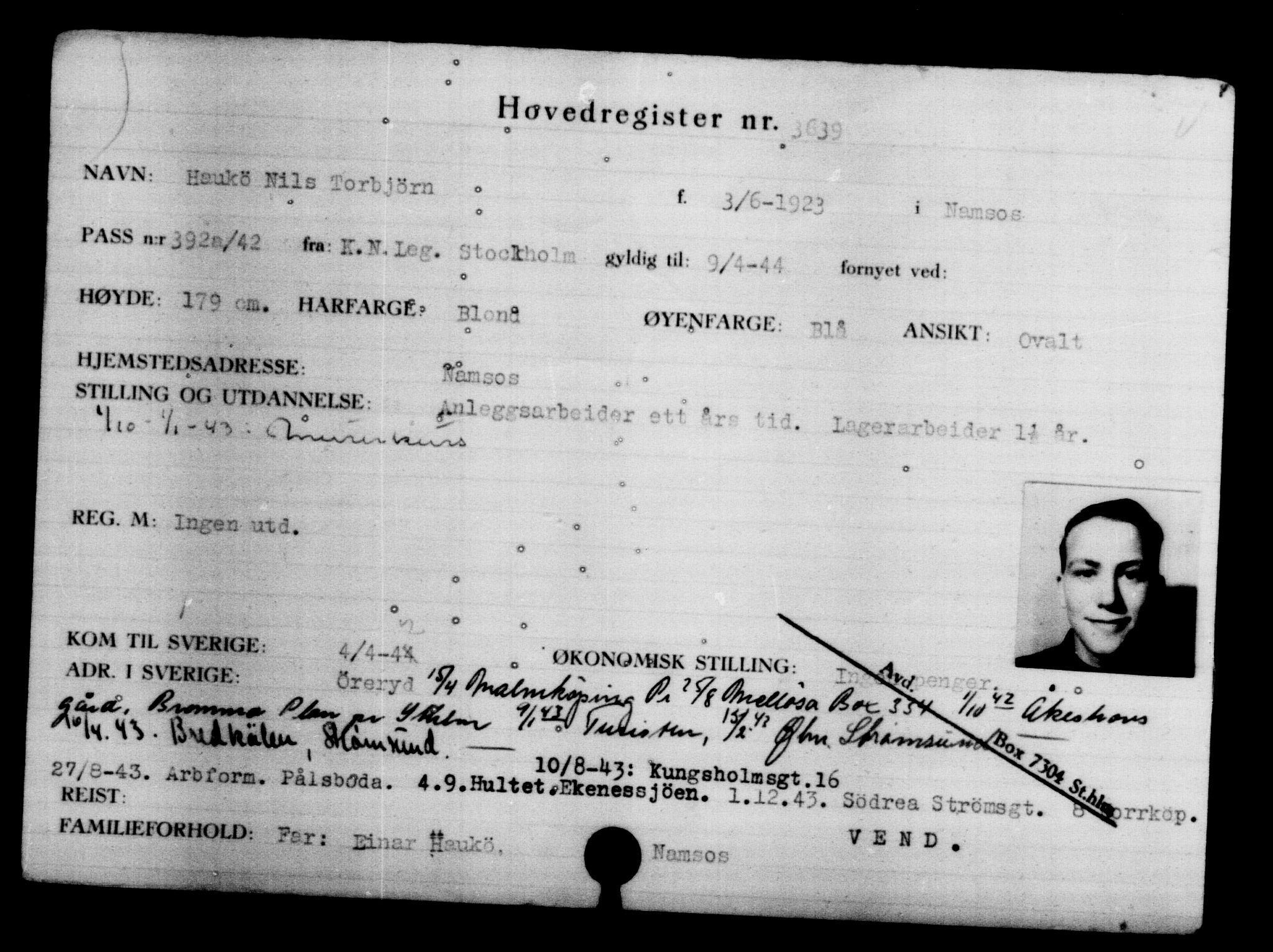 Utenriksstasjonene, Legasjonen i Stockholm, Flyktningkontoret, AV/RA-S-6753/V/Va/L0004: Kjesäterkartoteket, flyktninger med registreringsnr. 3496-6610, 1940-1945, s. 164
