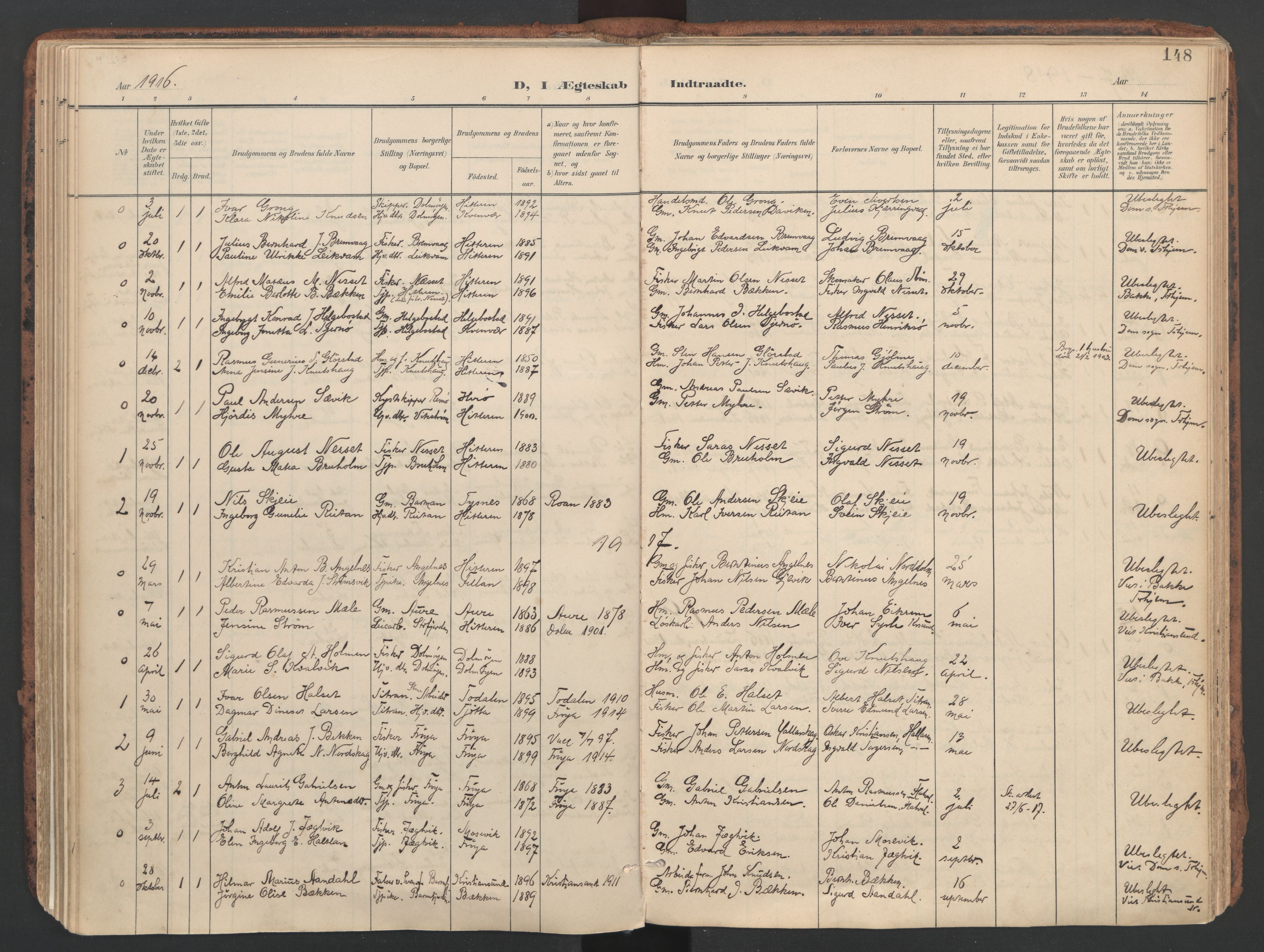 Ministerialprotokoller, klokkerbøker og fødselsregistre - Sør-Trøndelag, AV/SAT-A-1456/634/L0537: Ministerialbok nr. 634A13, 1896-1922, s. 148