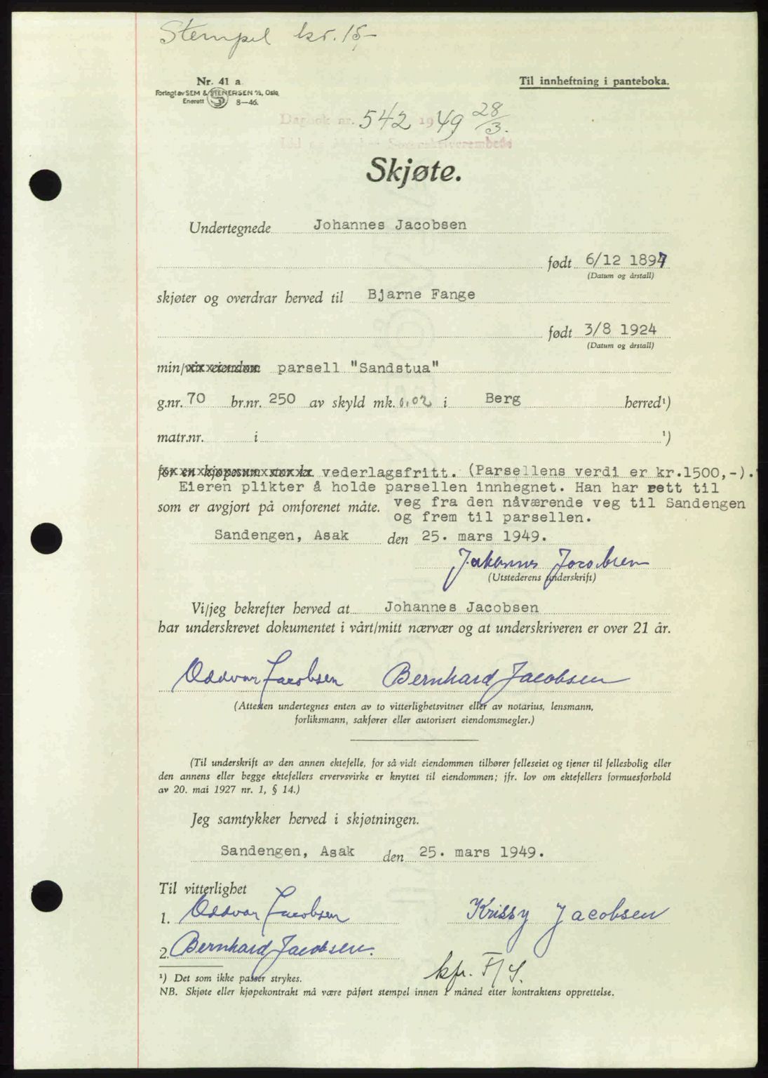 Idd og Marker sorenskriveri, AV/SAO-A-10283/G/Gb/Gbb/L0012: Pantebok nr. A12, 1949-1949, Dagboknr: 542/1949