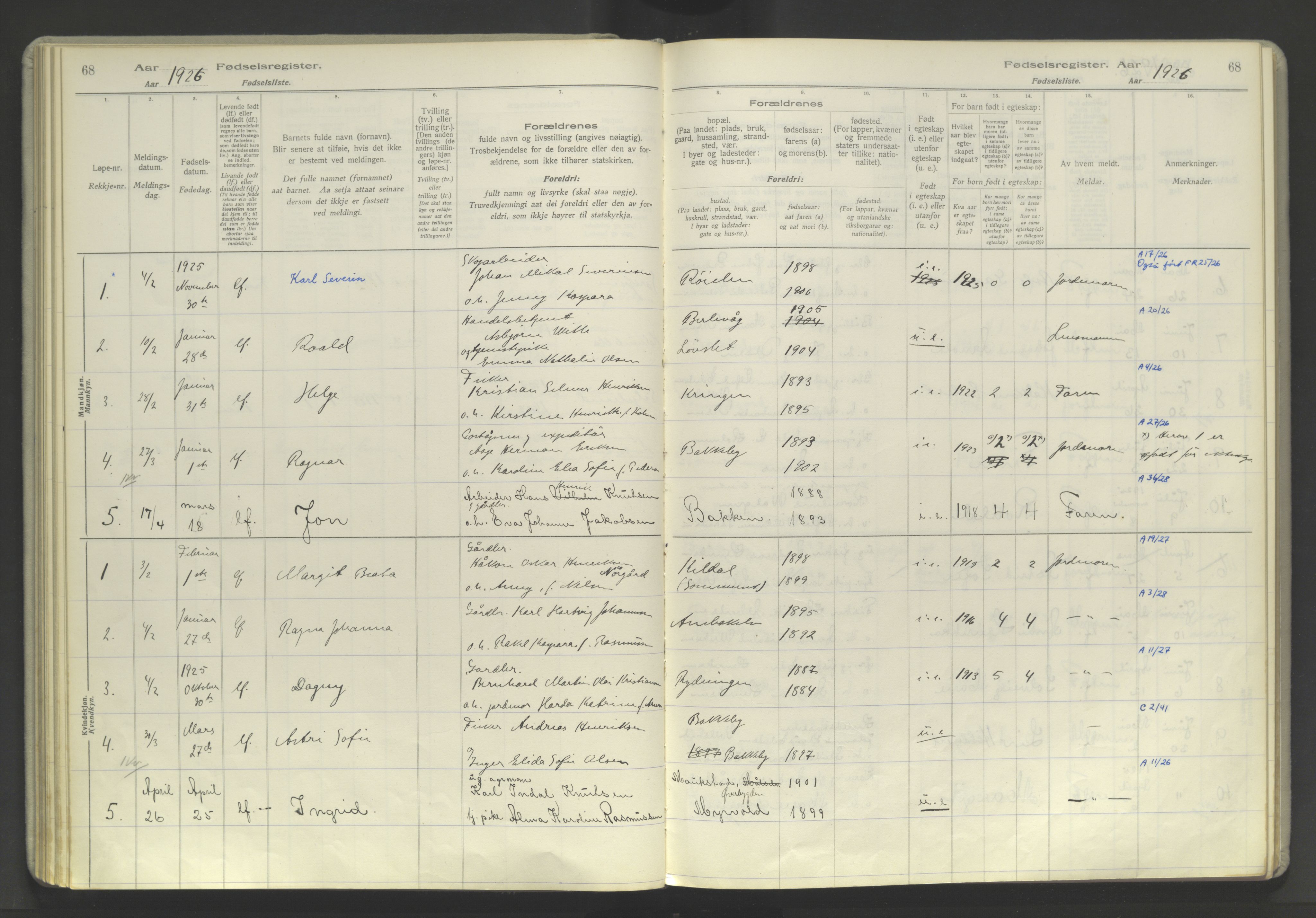 Skjervøy sokneprestkontor, AV/SATØ-S-1300/I/Ia/L0060: Fødselsregister nr. 60, 1916-1947, s. 68