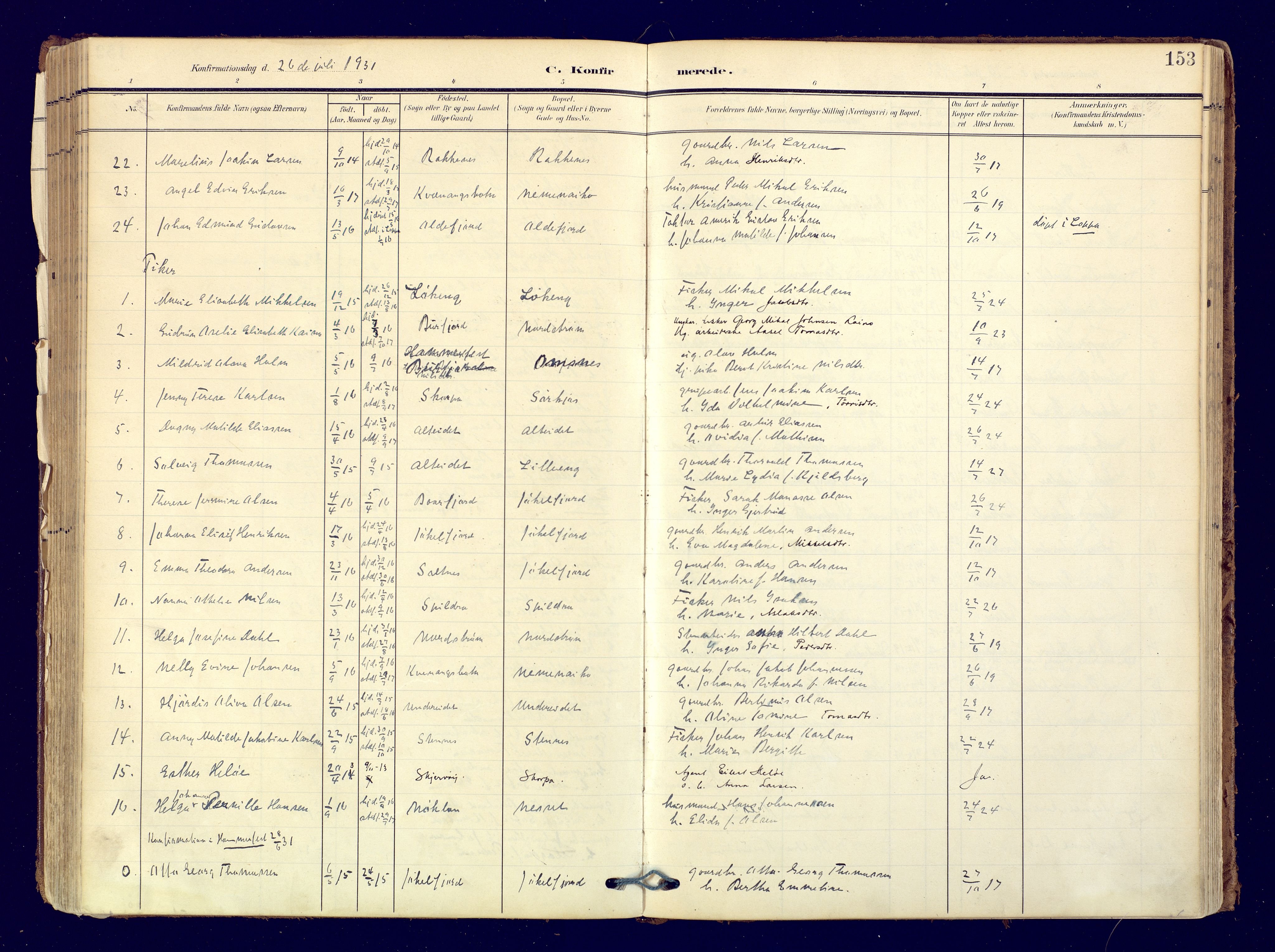 Skjervøy sokneprestkontor, AV/SATØ-S-1300/H/Ha/Haa: Ministerialbok nr. 19, 1908-1936, s. 153