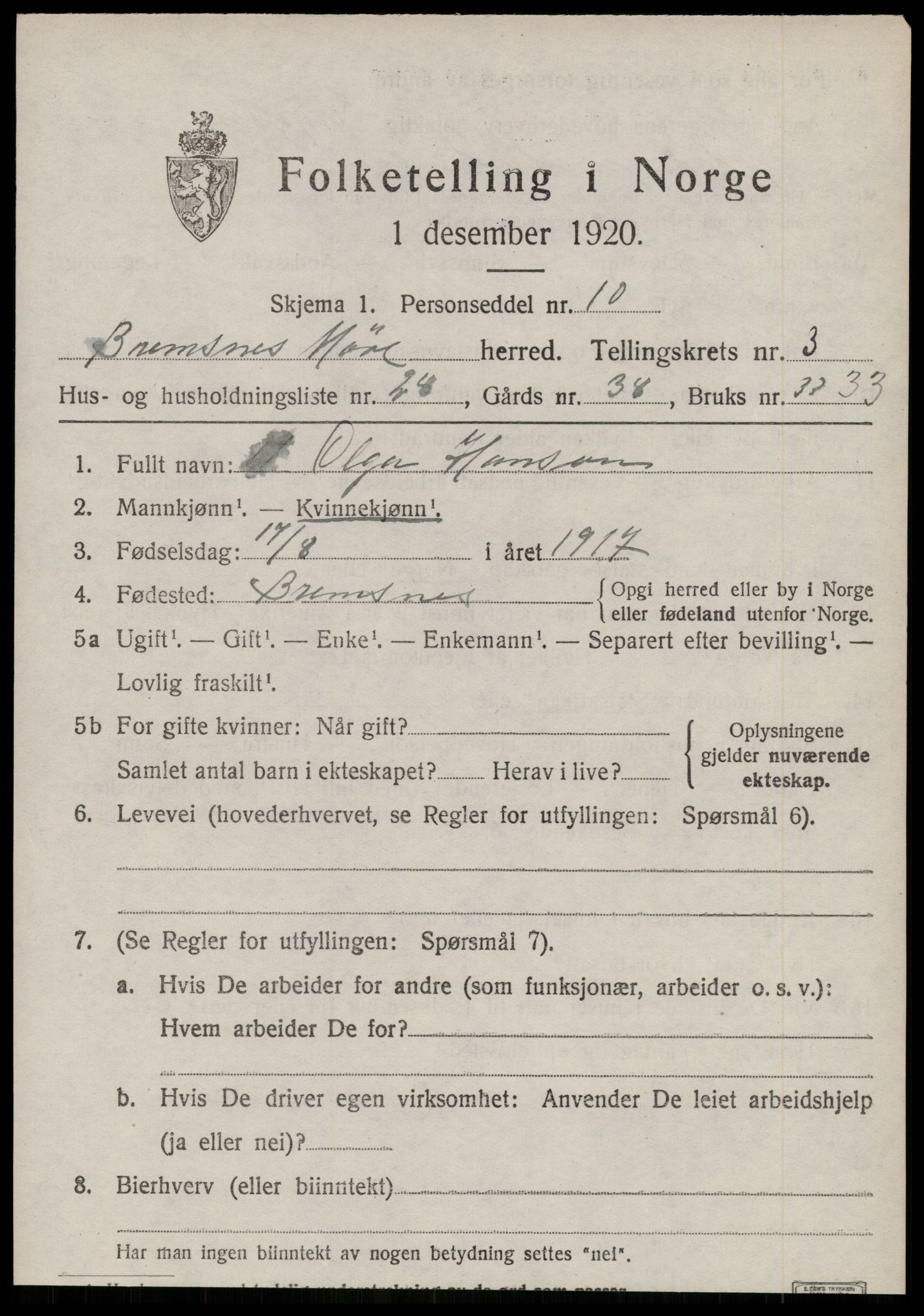 SAT, Folketelling 1920 for 1554 Bremsnes herred, 1920, s. 3759