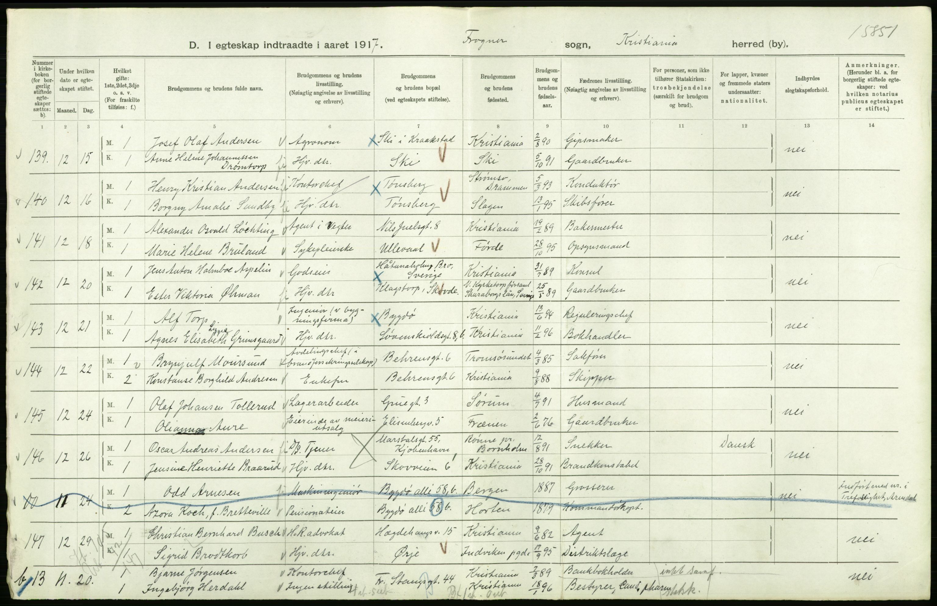 Statistisk sentralbyrå, Sosiodemografiske emner, Befolkning, AV/RA-S-2228/D/Df/Dfb/Dfbg/L0008: Kristiania: Gifte, 1917, s. 516