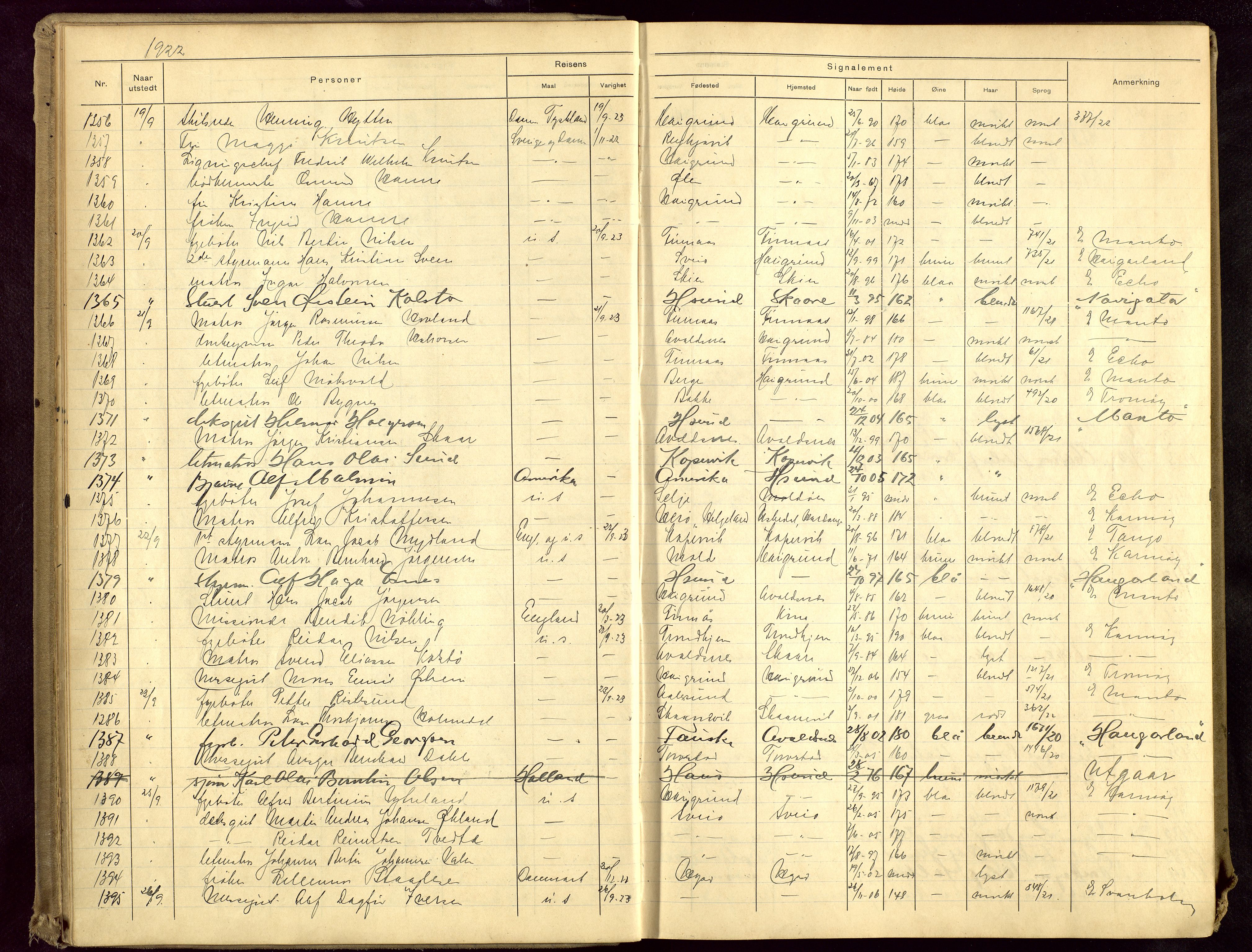Haugesund politikammer, AV/SAST-A-100440/K/L0003: Passprotokoll 7/8-22-1/3-27, 1922-1927, s. 10