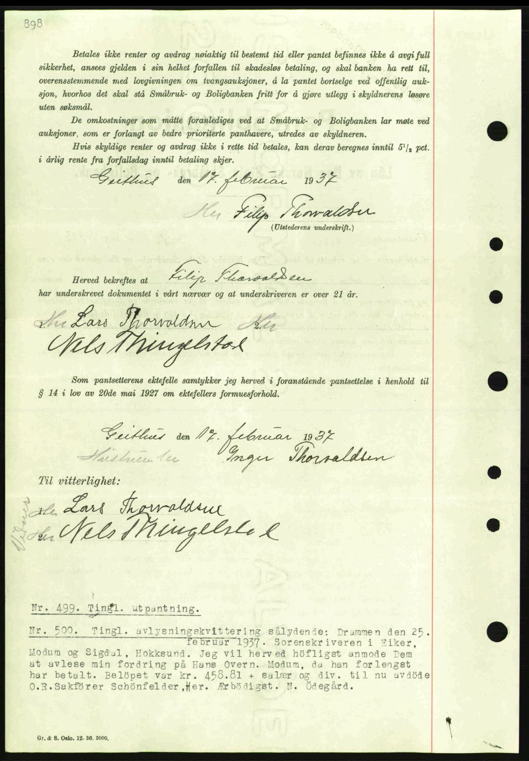 Eiker, Modum og Sigdal sorenskriveri, SAKO/A-123/G/Ga/Gab/L0034: Pantebok nr. A4, 1936-1937, Dagboknr: 499/1937