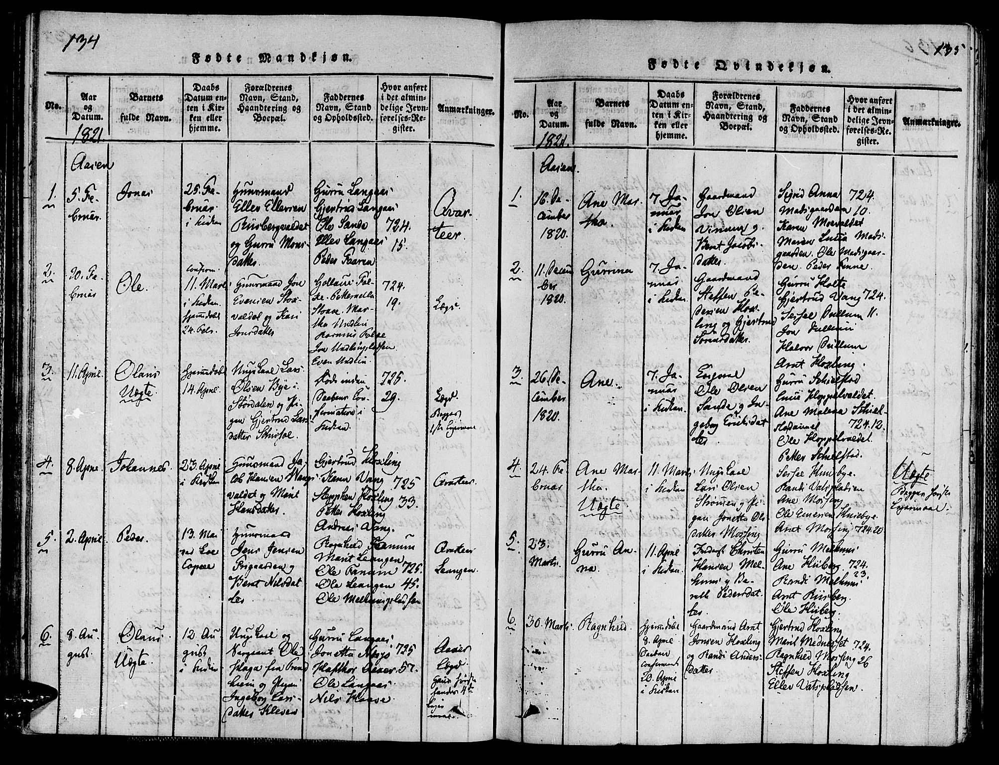 Ministerialprotokoller, klokkerbøker og fødselsregistre - Nord-Trøndelag, SAT/A-1458/713/L0112: Ministerialbok nr. 713A04 /2, 1817-1827, s. 134-135