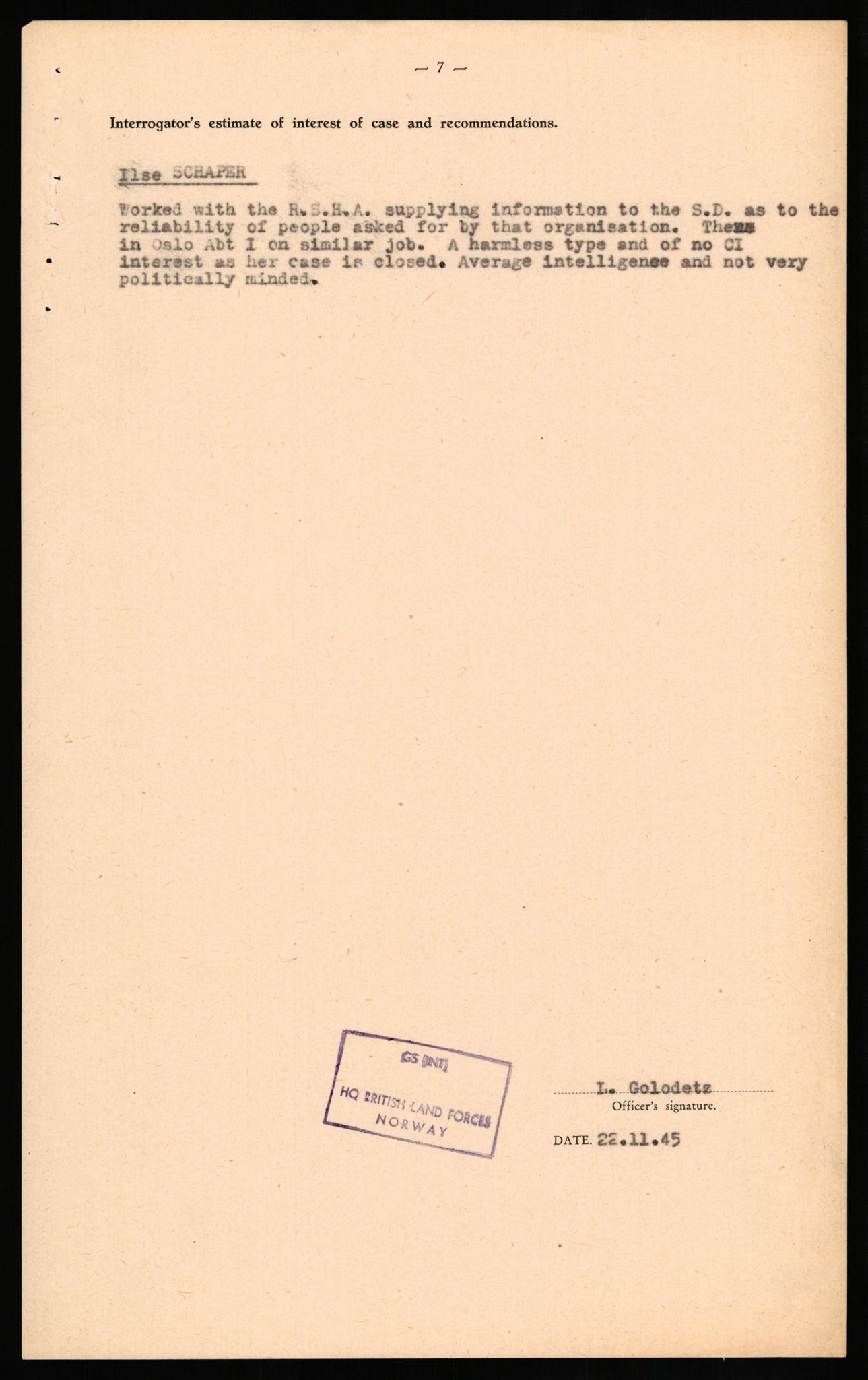 Forsvaret, Forsvarets overkommando II, RA/RAFA-3915/D/Db/L0029: CI Questionaires. Tyske okkupasjonsstyrker i Norge. Tyskere., 1945-1946, s. 73