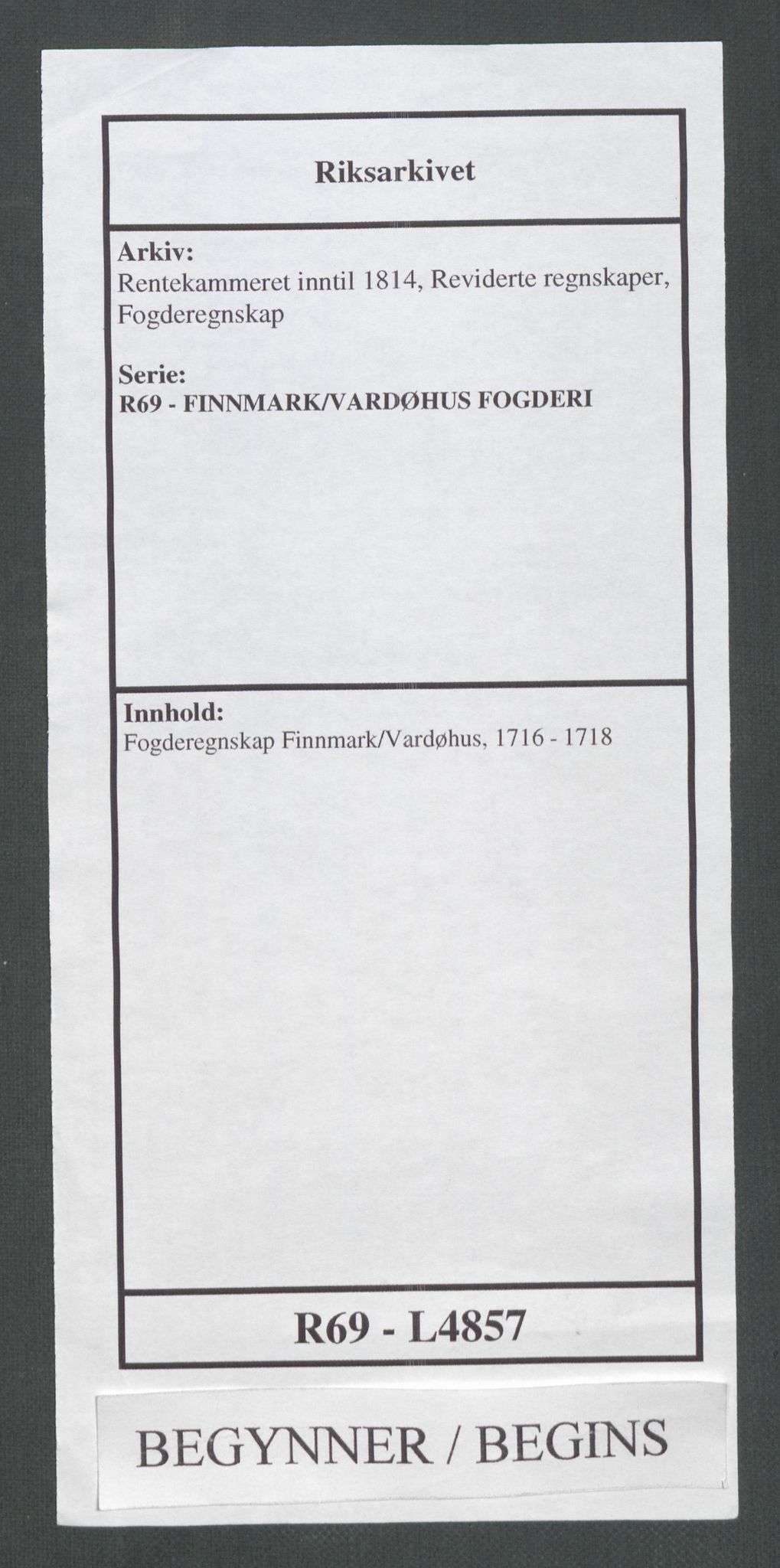 Rentekammeret inntil 1814, Reviderte regnskaper, Fogderegnskap, RA/EA-4092/R69/L4857: Fogderegnskap Finnmark/Vardøhus, 1716-1718, s. 1