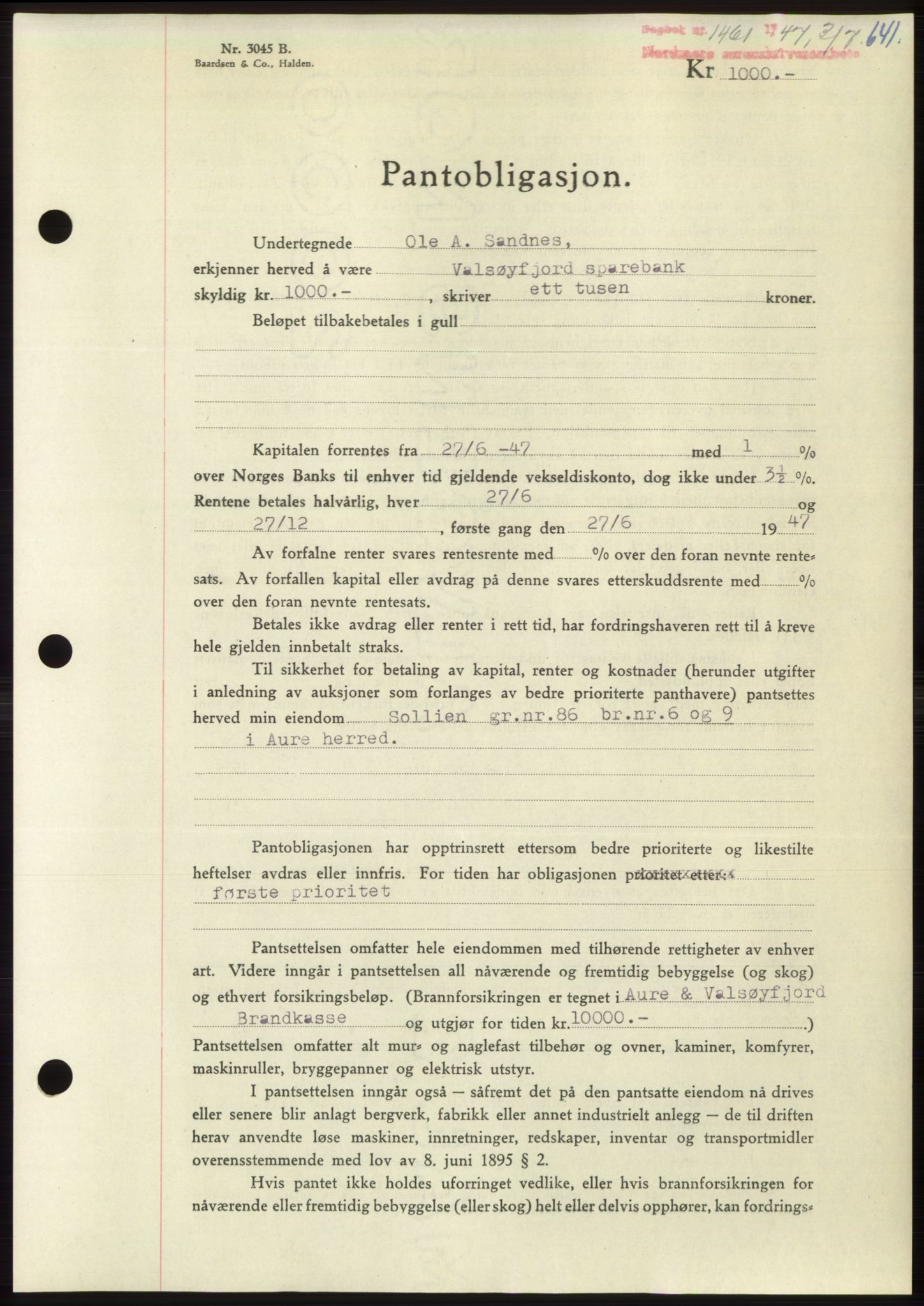 Nordmøre sorenskriveri, SAT/A-4132/1/2/2Ca: Pantebok nr. B96, 1947-1947, Dagboknr: 1461/1947