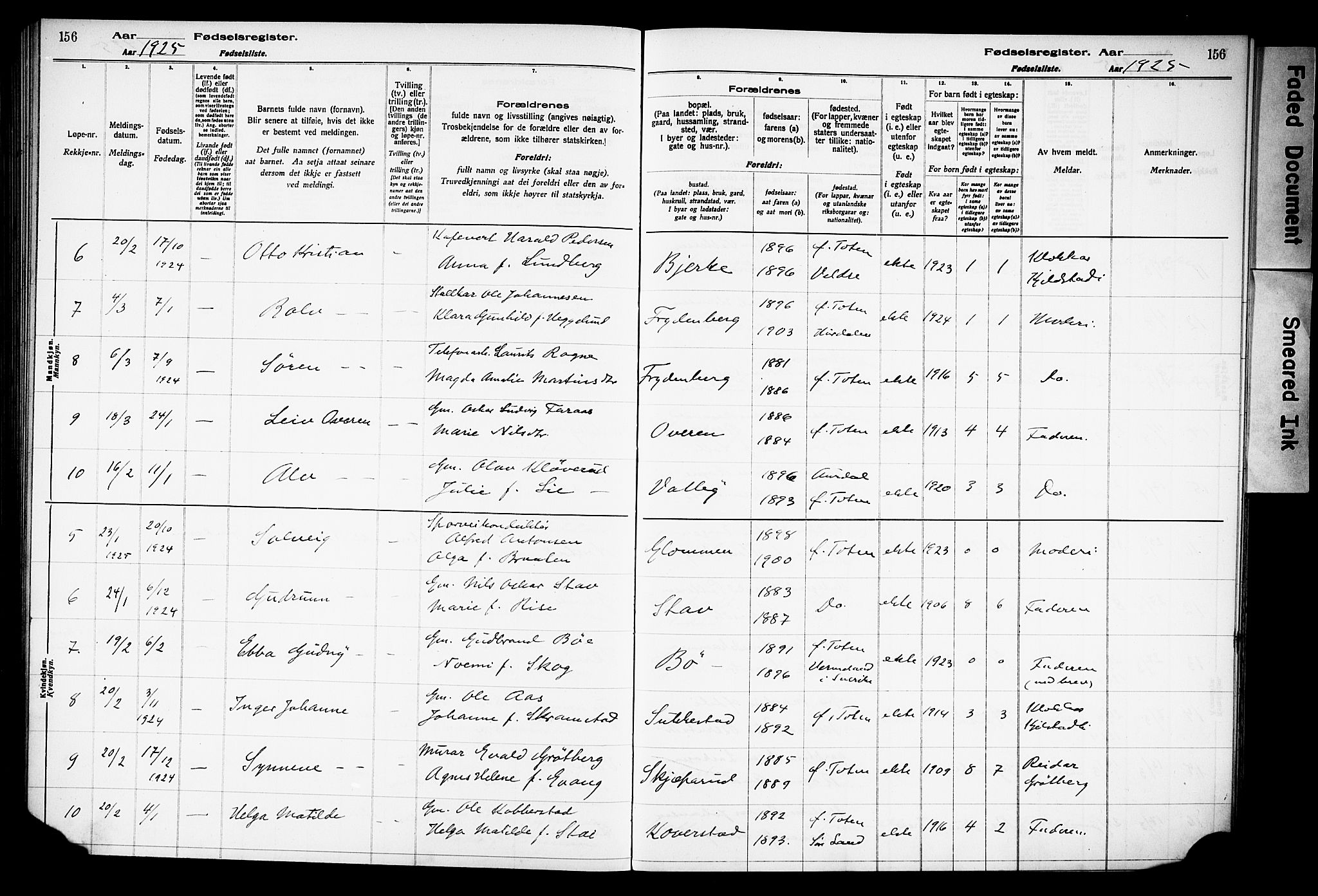 Østre Toten prestekontor, AV/SAH-PREST-104/I/Id/L0001/0001: Fødselsregister nr. 1.1, 1916-1928, s. 156