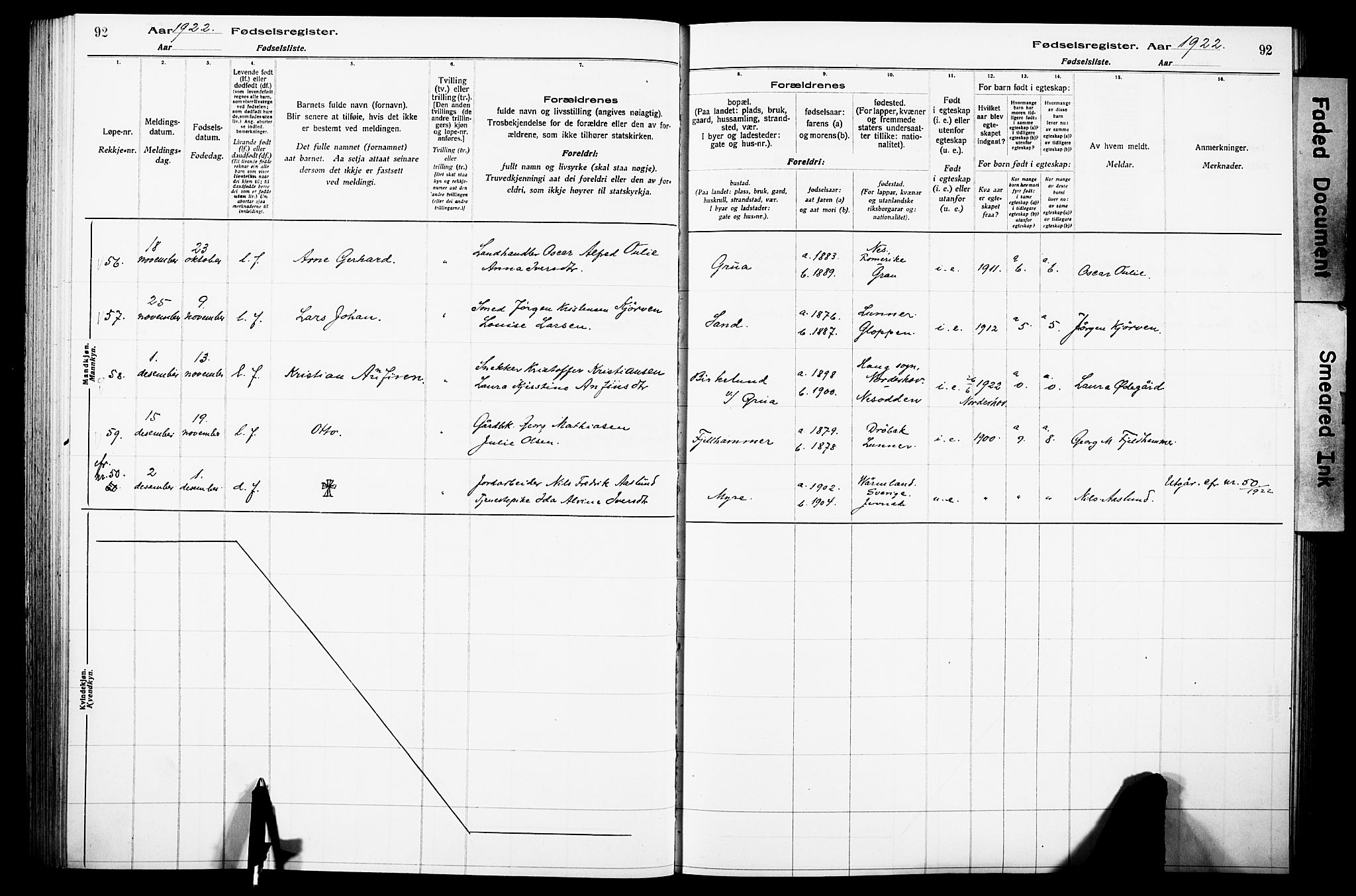 Lunner prestekontor, SAH/PREST-118/I/Id/L0001: Fødselsregister nr. 1, 1916-1932, s. 92