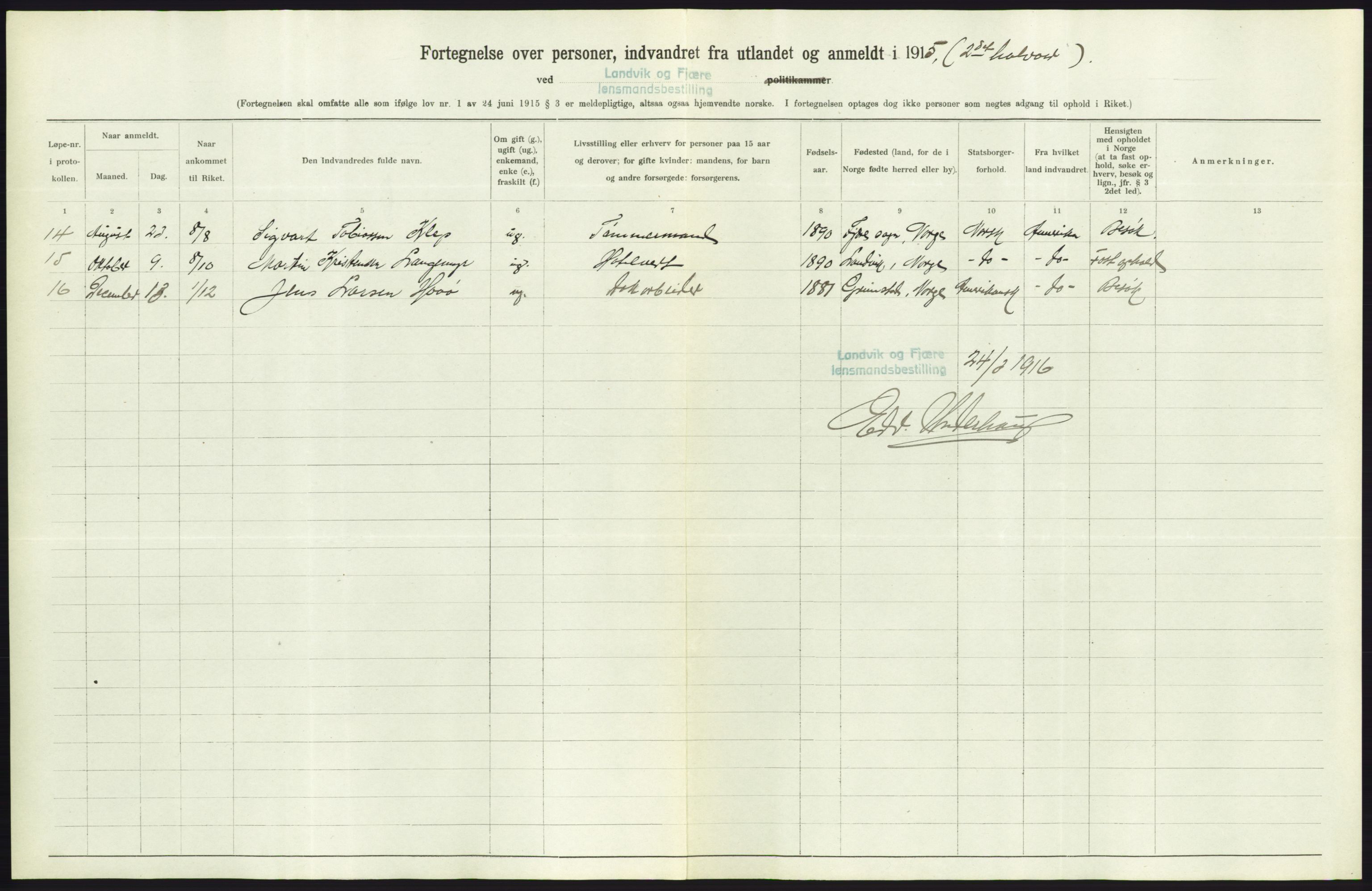 Statistisk sentralbyrå, Sosioøkonomiske emner, Folketellinger, boliger og boforhold, AV/RA-S-2231/F/Fa/L0001: Innvandring. Navn/fylkesvis, 1915, s. 330