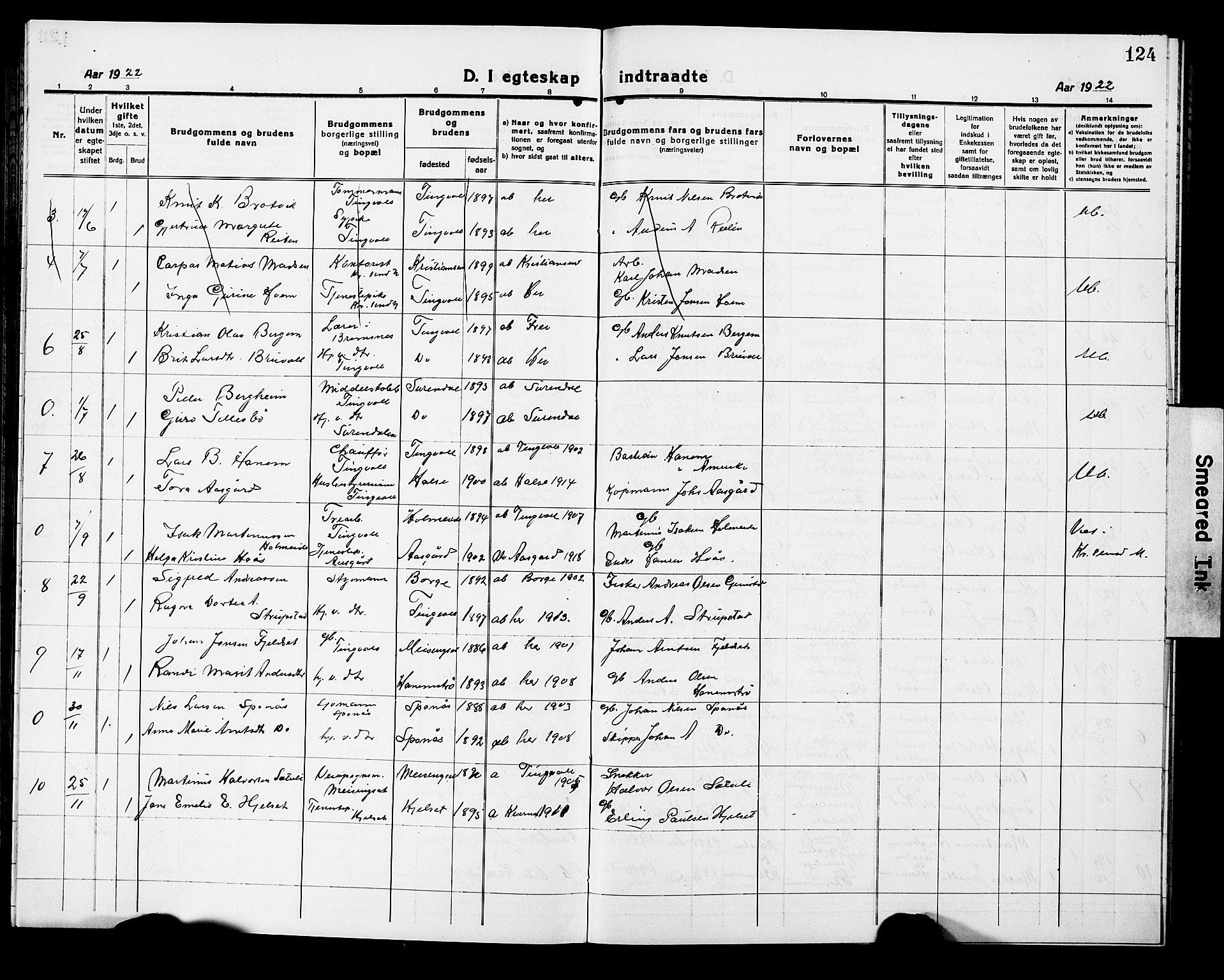 Ministerialprotokoller, klokkerbøker og fødselsregistre - Møre og Romsdal, AV/SAT-A-1454/586/L0994: Klokkerbok nr. 586C05, 1919-1927, s. 124