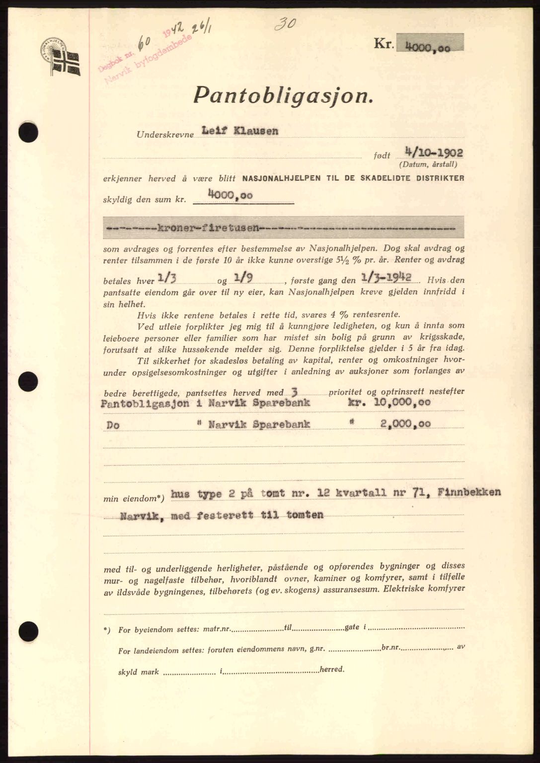 Narvik sorenskriveri, SAT/A-0002/1/2/2C/2Ca: Pantebok nr. A19, 1942-1943, Dagboknr: 60/1942