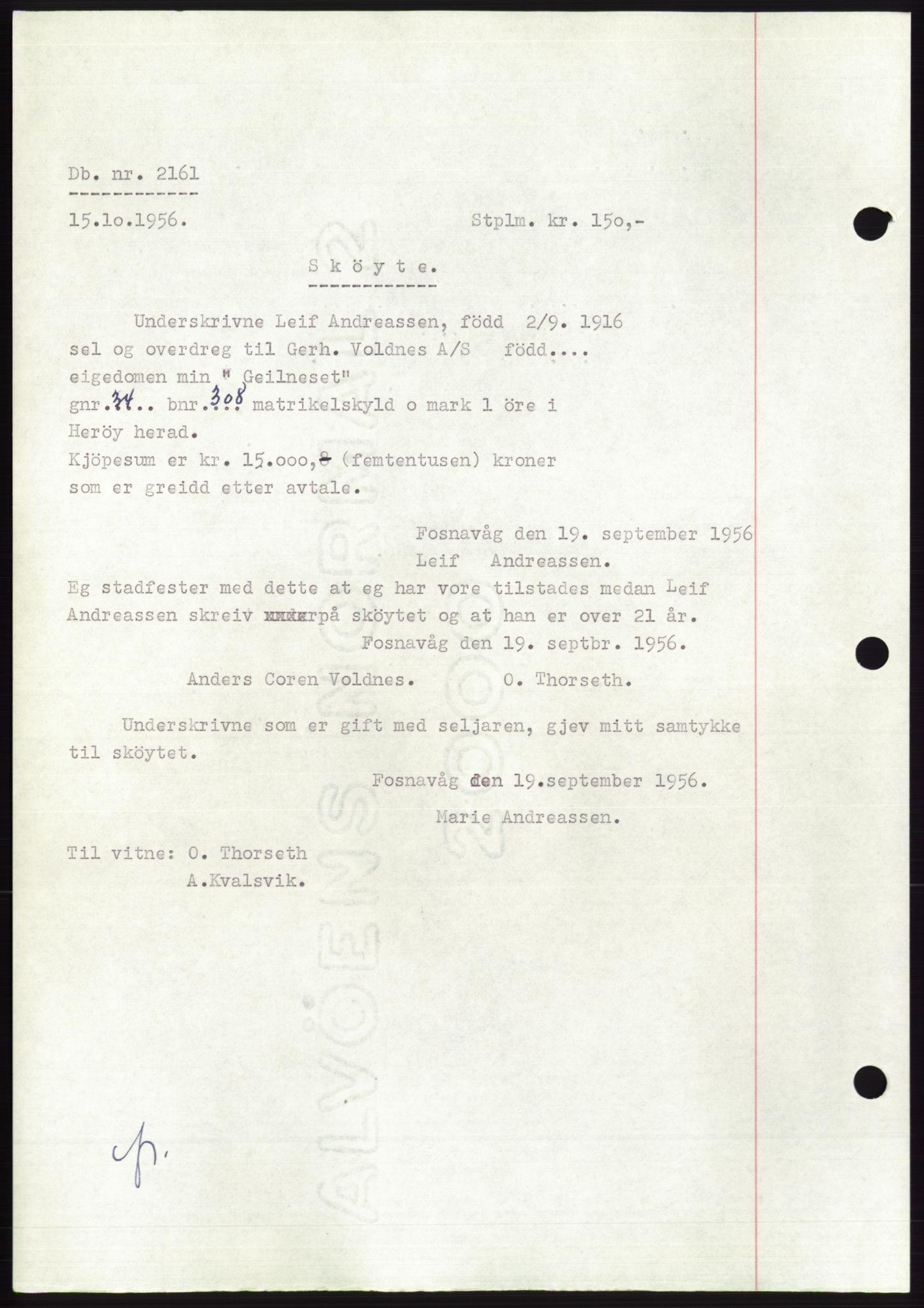 Søre Sunnmøre sorenskriveri, AV/SAT-A-4122/1/2/2C/L0104: Pantebok nr. 30A, 1956-1956, Dagboknr: 2161/1956