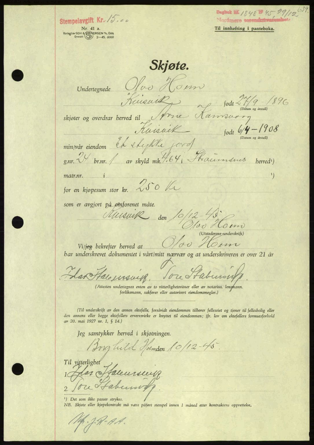 Nordmøre sorenskriveri, AV/SAT-A-4132/1/2/2Ca: Pantebok nr. A100a, 1945-1945, Dagboknr: 1848/1945