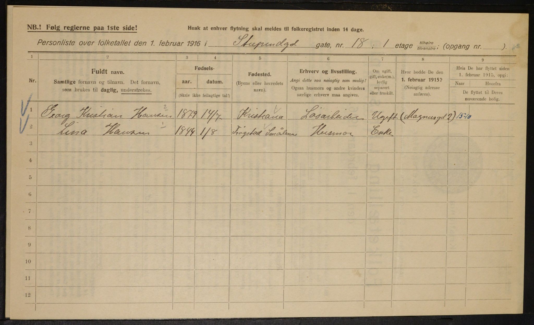 OBA, Kommunal folketelling 1.2.1916 for Kristiania, 1916, s. 107376